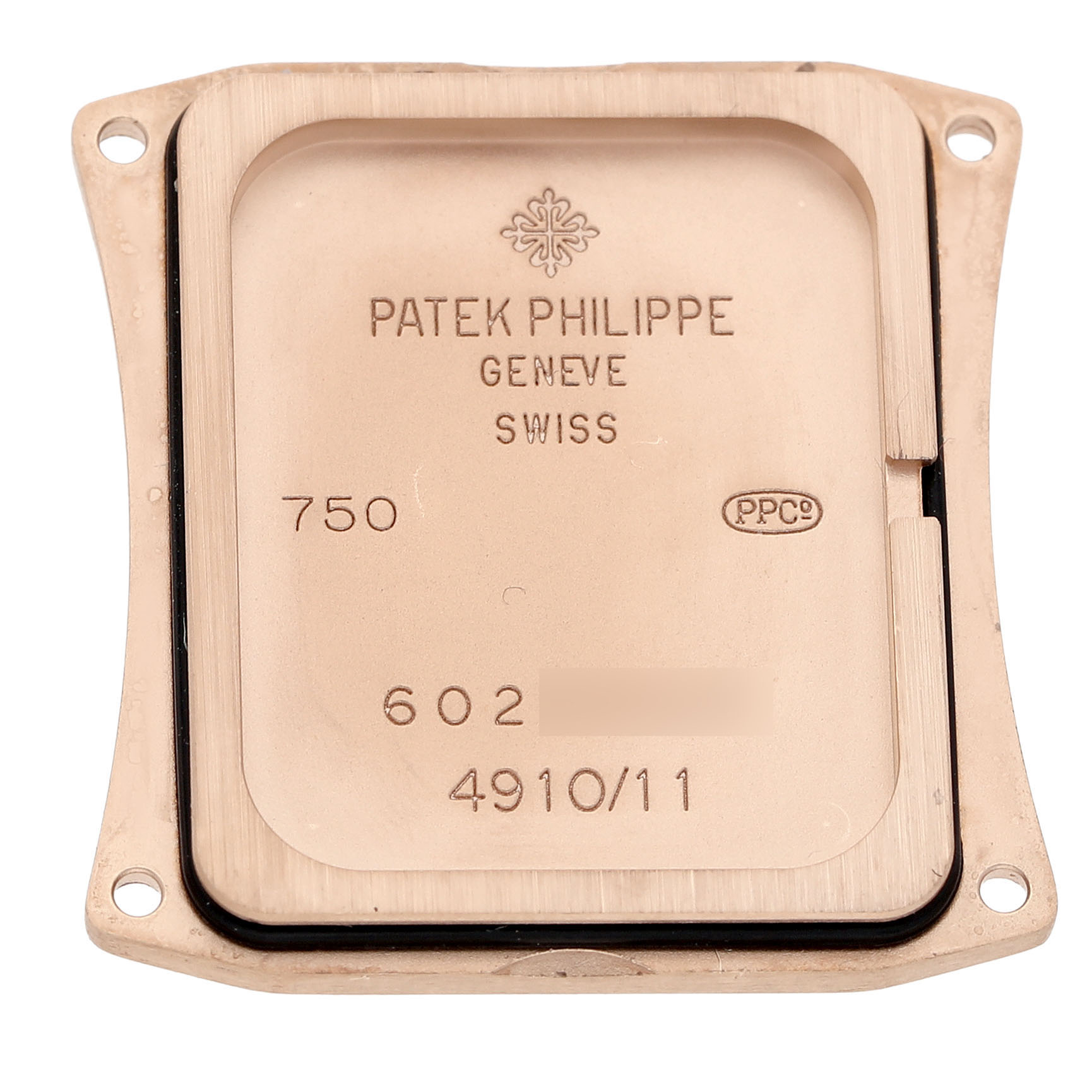 The image shows the back cover of a Patek Philippe Twenty-4 4910 Women's Rose Gold Brown Dial watch, highlighting markings and engravings.