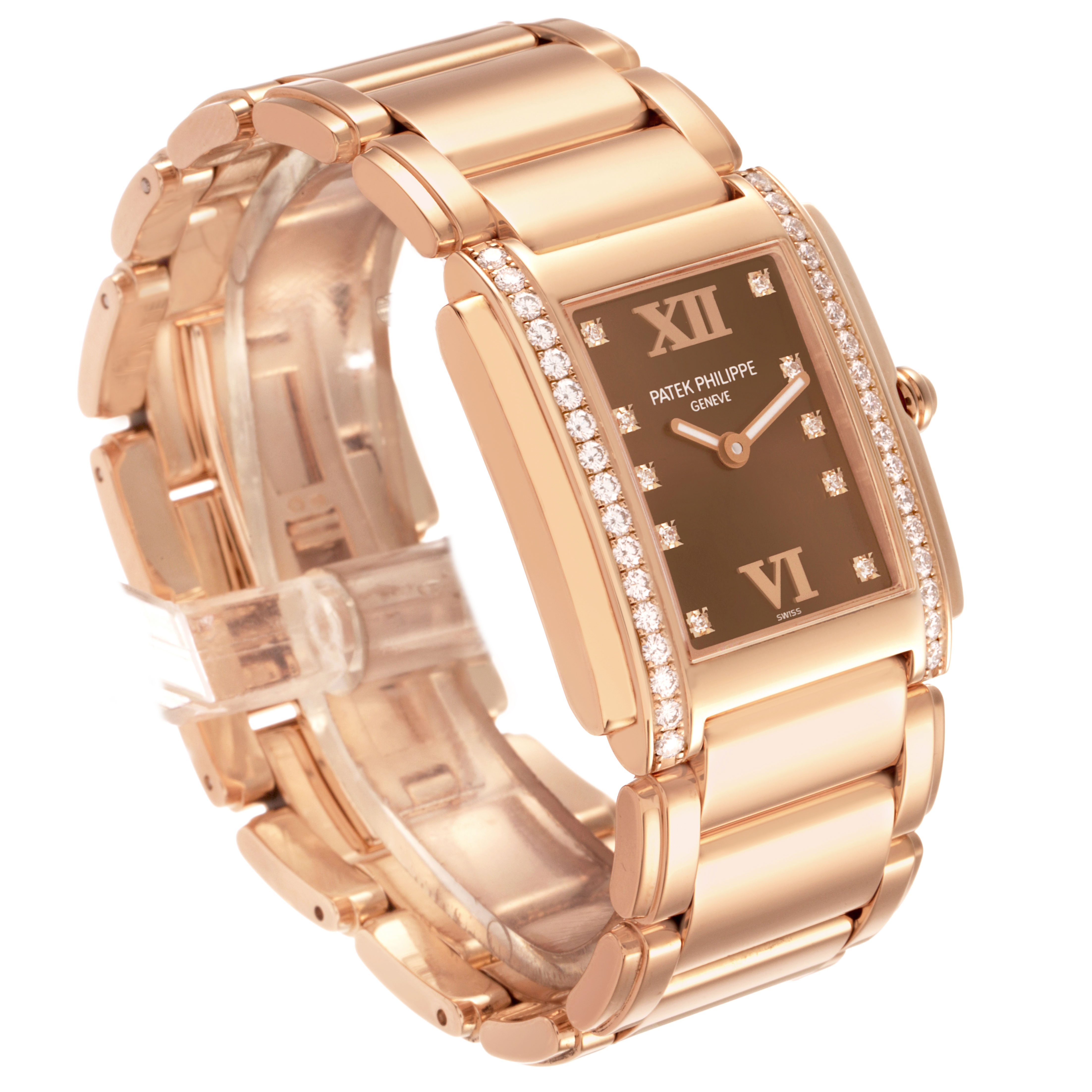 The Patek Philippe Twenty-4 4910 Women's Rose Gold Brown Dial watch is shown at a three-quarter angle, highlighting its rectangular face, diamond-set bezel, and bracelet.