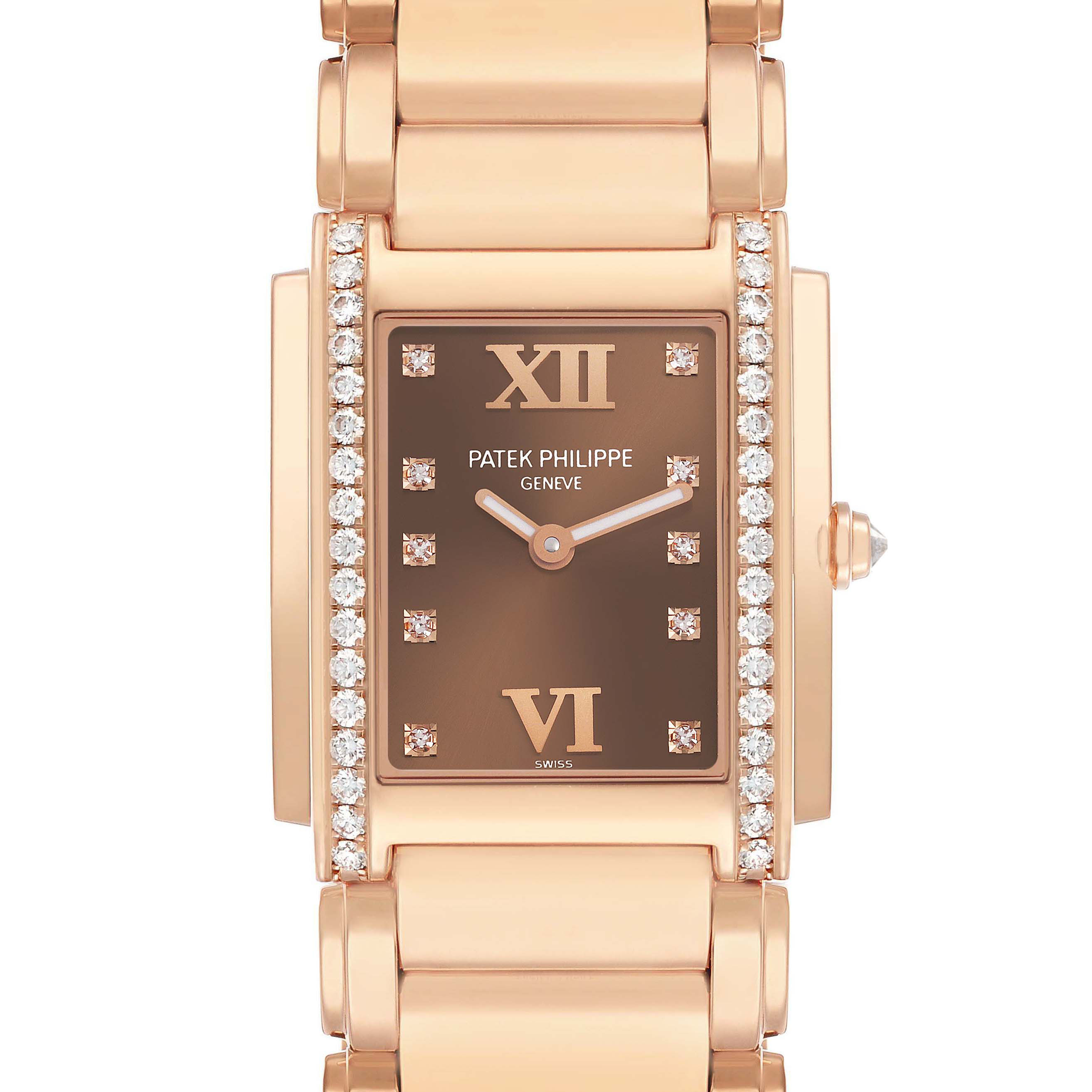 The image shows the front view of the Patek Philippe Twenty-4 4910 Women's Rose Gold Brown Dial watch with a diamond-studded case and bracelet.
