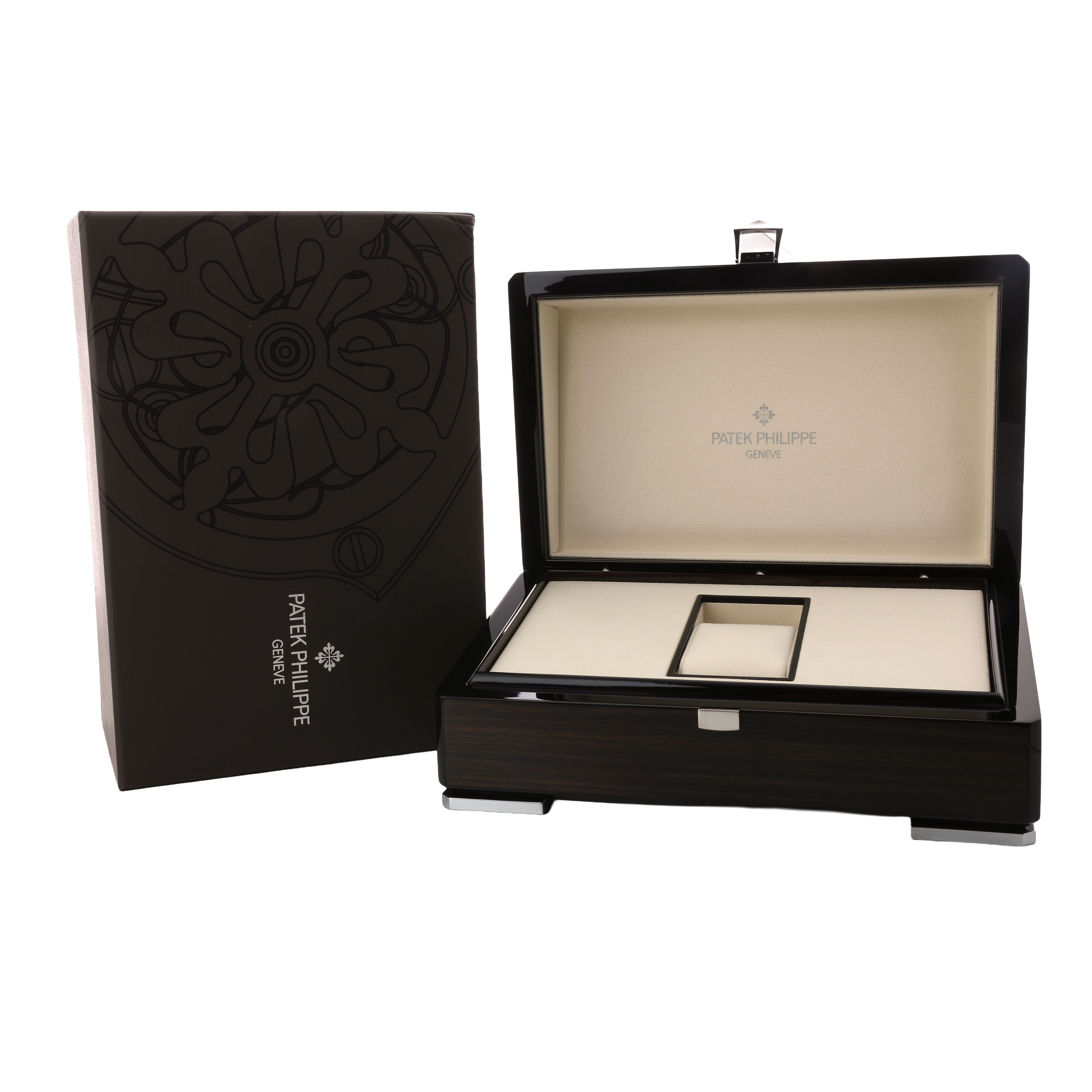 The image shows a Patek Philippe Twenty-4 4910 Women's Rose Gold Brown Dial watch box and packaging, displayed open from the front angle.