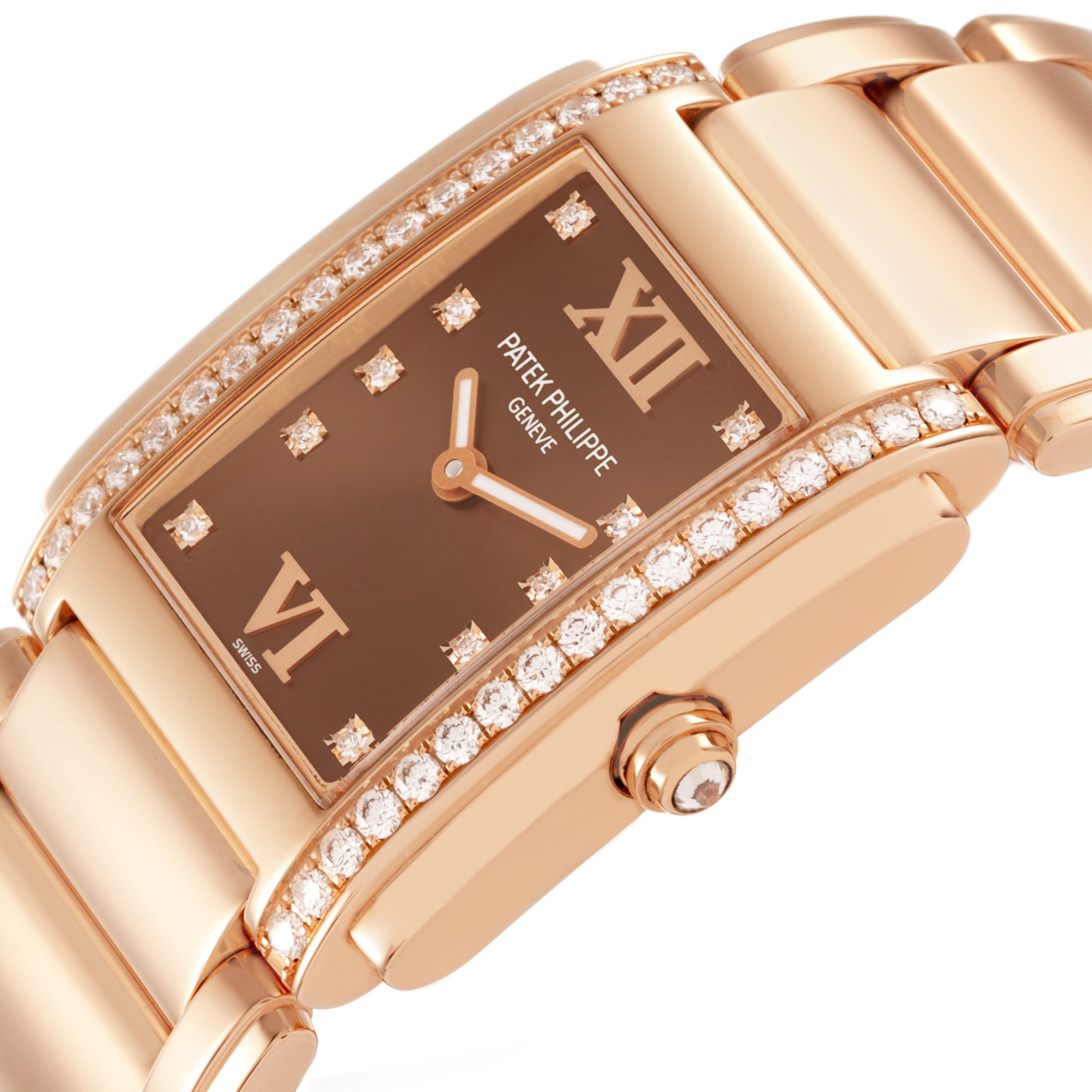 The image shows a close-up of the Patek Philippe Twenty-4 4910 Women's Rose Gold Brown Dial watch, highlighting the diamond-studded bezel and brown dial from an angled side view.