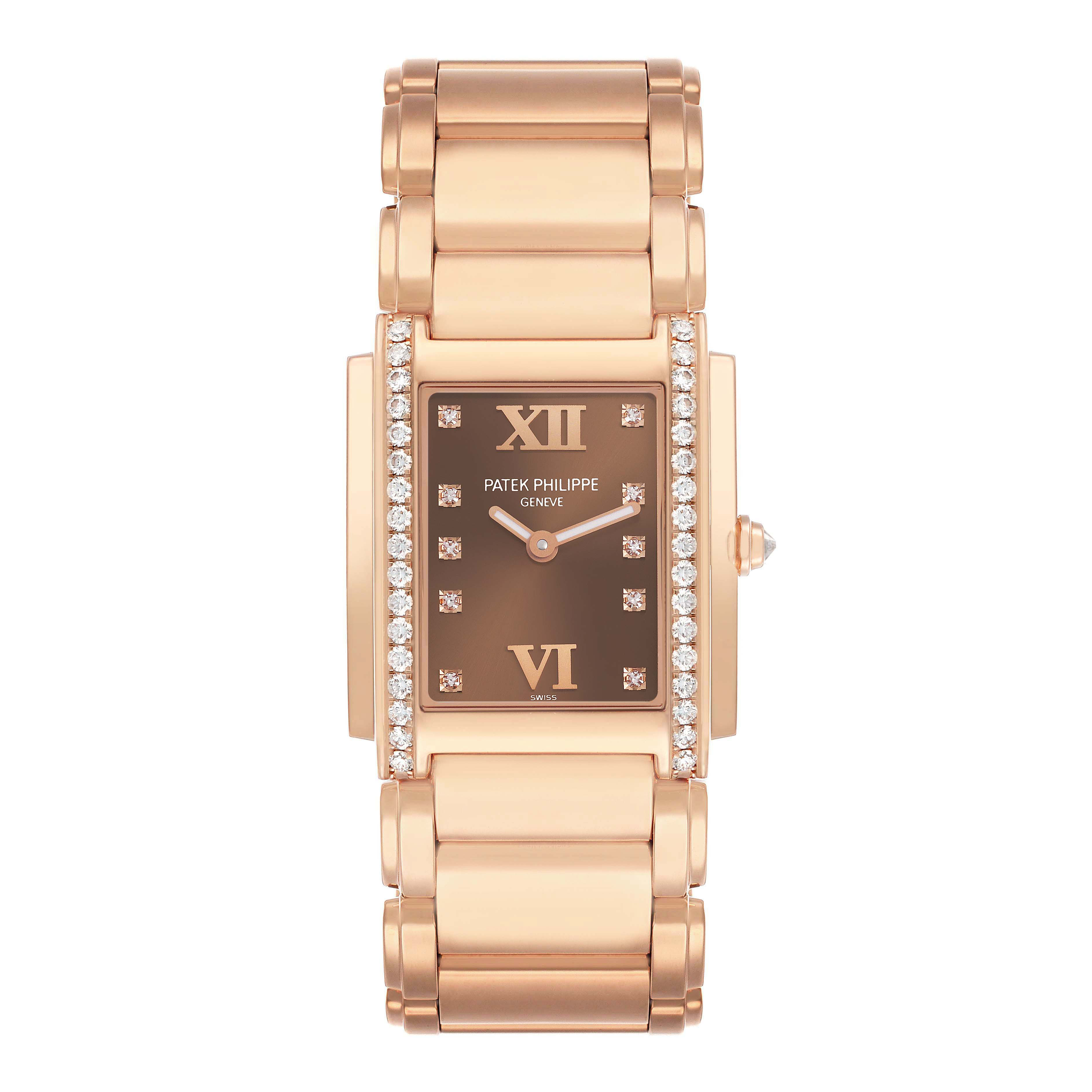 The image shows a front view of the Patek Philippe Twenty-4 4910 Women's Rose Gold Brown Dial watch, highlighting its rectangular dial, diamond bezel, and bracelet.