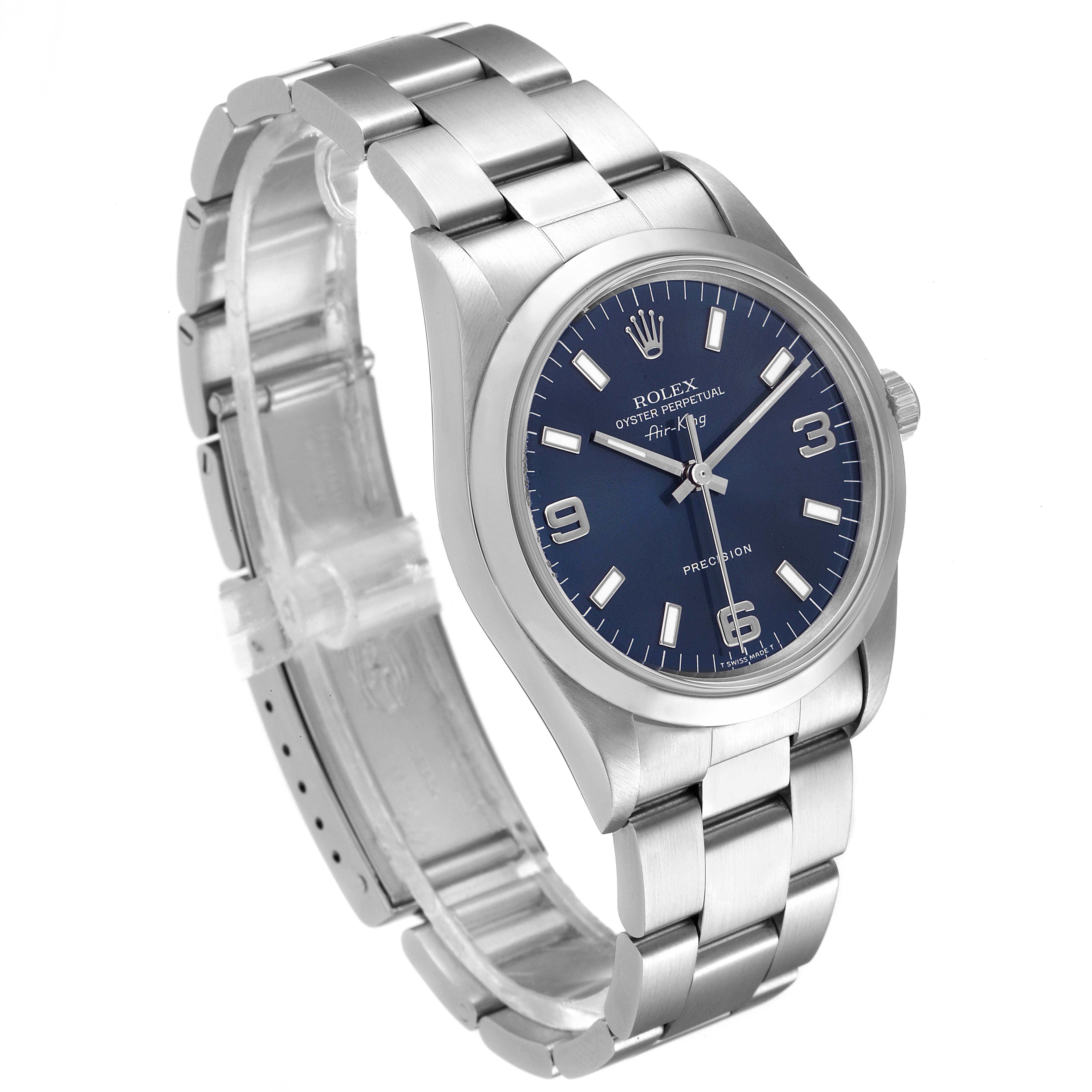 This image shows a Rolex Air-King 14000 Men's Stainless Steel Blue Dial 14000 Men's Stainless Steel Blue Dial watch at an angled side view, displaying the face, bezel, and part of the bracelet.