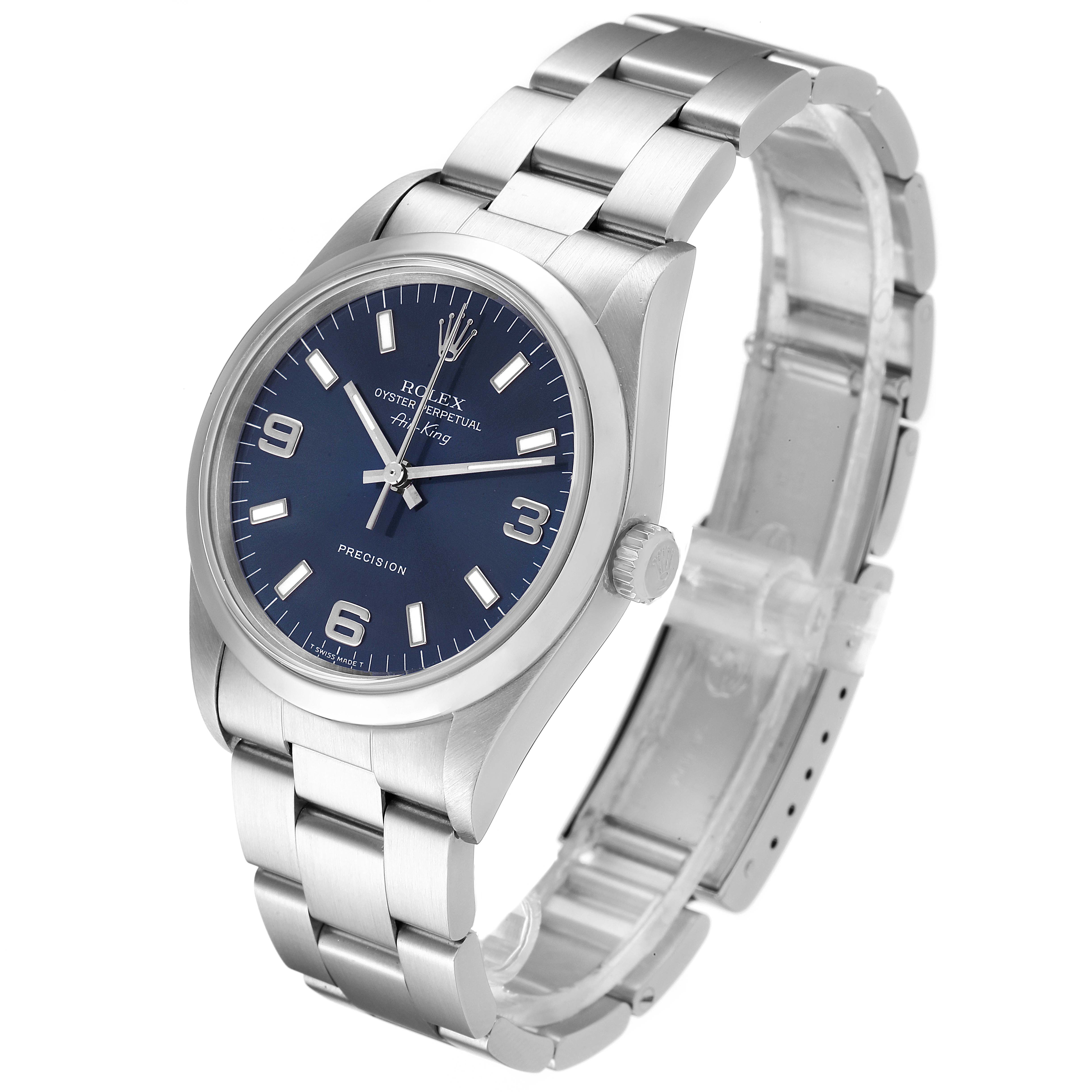 The image shows a side angle of the Rolex Air-King 14000 Men's Stainless Steel Blue Dial 14000 Men's Stainless Steel Blue Dial watch, highlighting its face, crown, and bracelet.