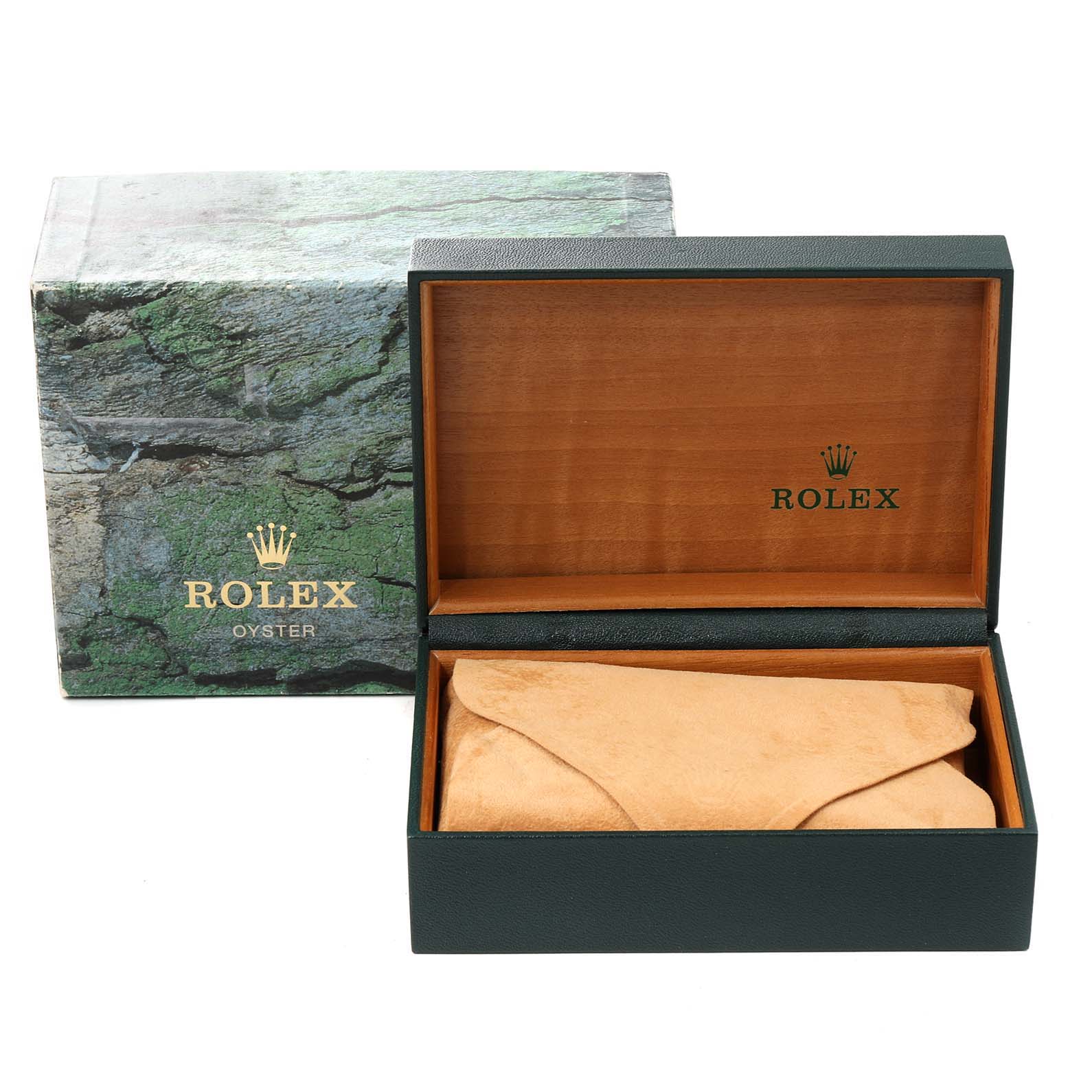 This image shows the packaging for a Rolex Air-King 14000 Men's Stainless Steel Blue Dial 14000 Men's Stainless Steel Blue Dial, including a green and wood textured box with a suede pouch inside.