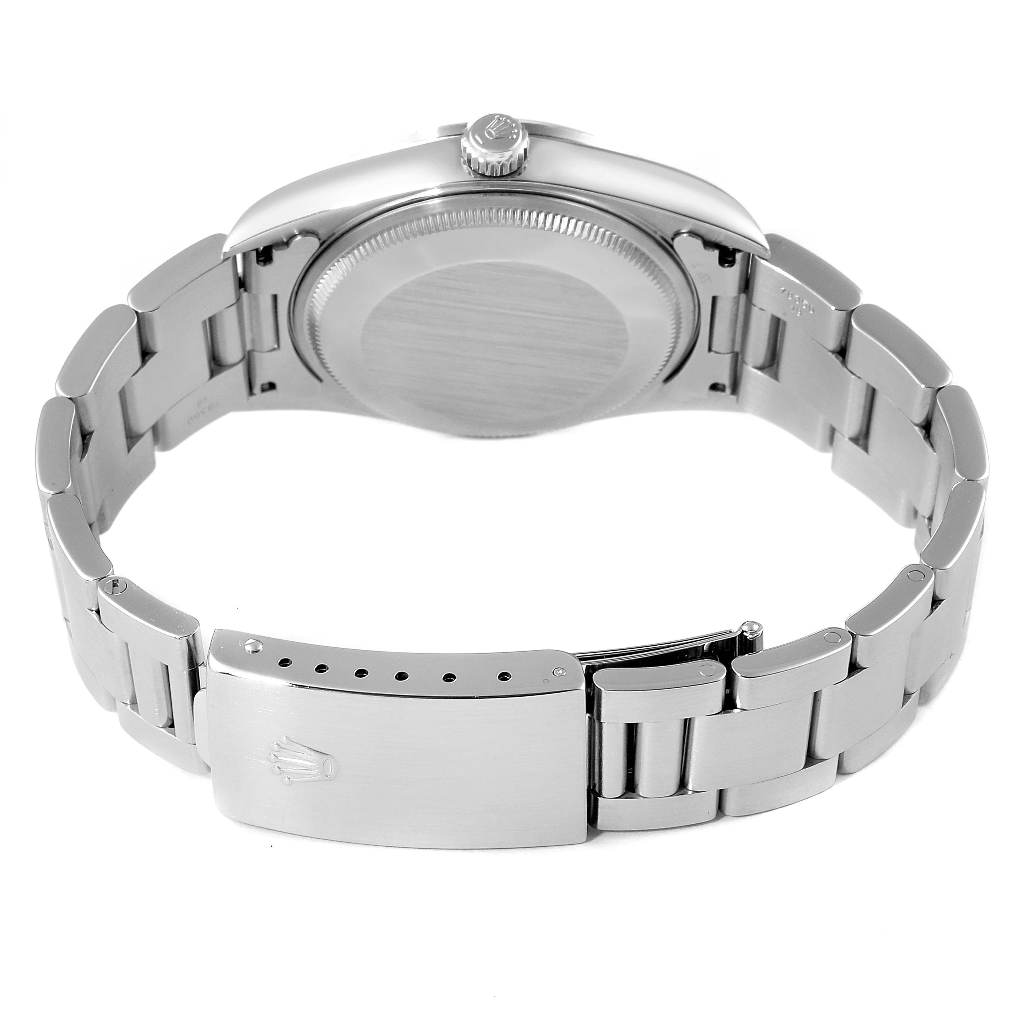 This image shows the back of a Rolex Air-King 14000 Men's Stainless Steel Blue Dial 14000 Men's Stainless Steel Blue Dial watch including its case, bracelet, and clasp.