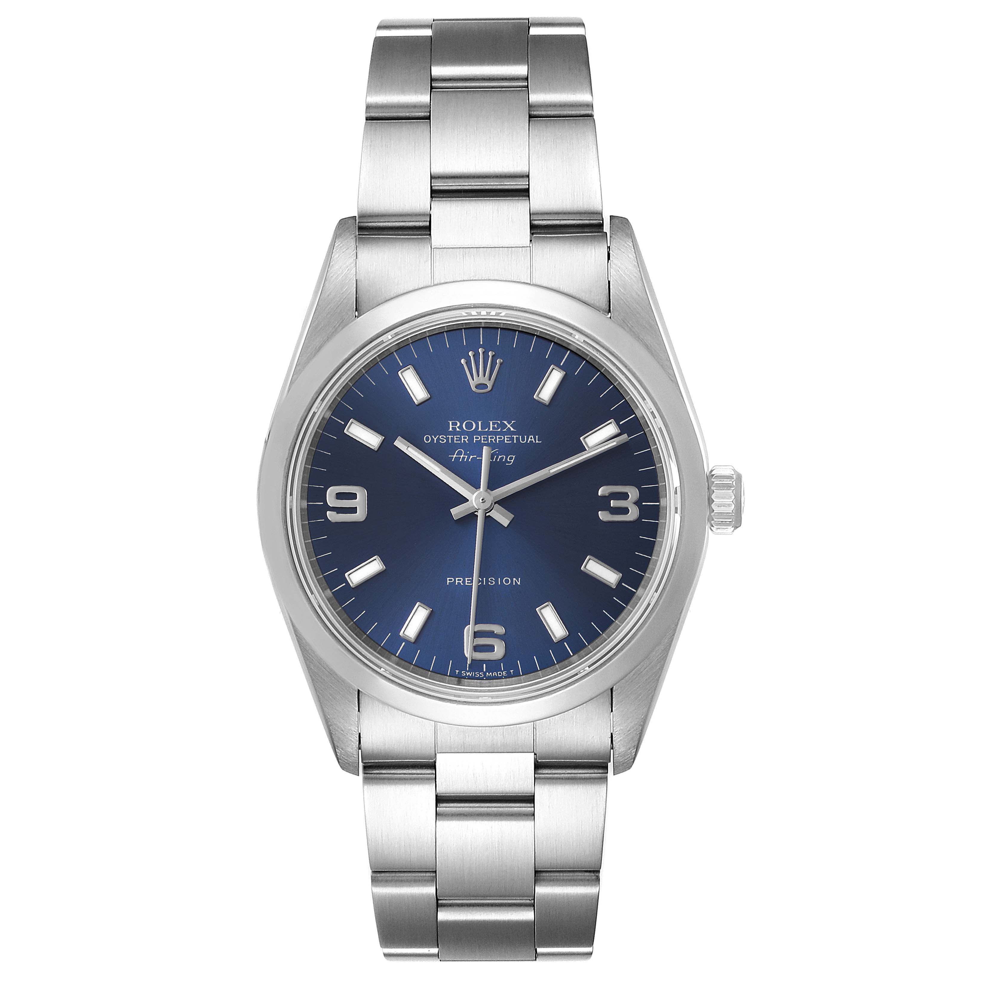 The image shows a frontal view of the Rolex Air-King 14000 Men's Stainless Steel Blue Dial 14000 Men's Stainless Steel Blue Dial watch, displaying its face and bracelet.