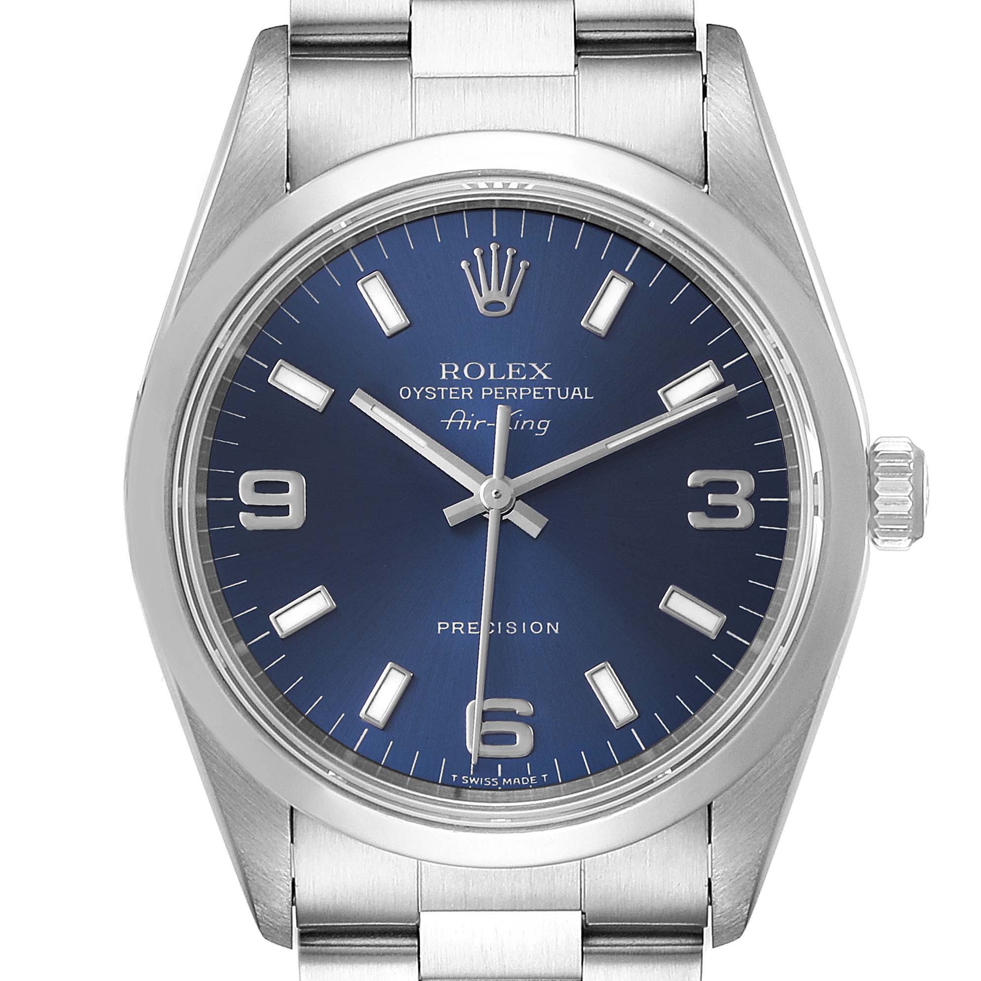 The image shows a frontal view of the Rolex Air-King 14000 Men's Stainless Steel Blue Dial 14000 Men's Stainless Steel Blue Dial watch, highlighting its blue dial, crown, and metal bracelet.