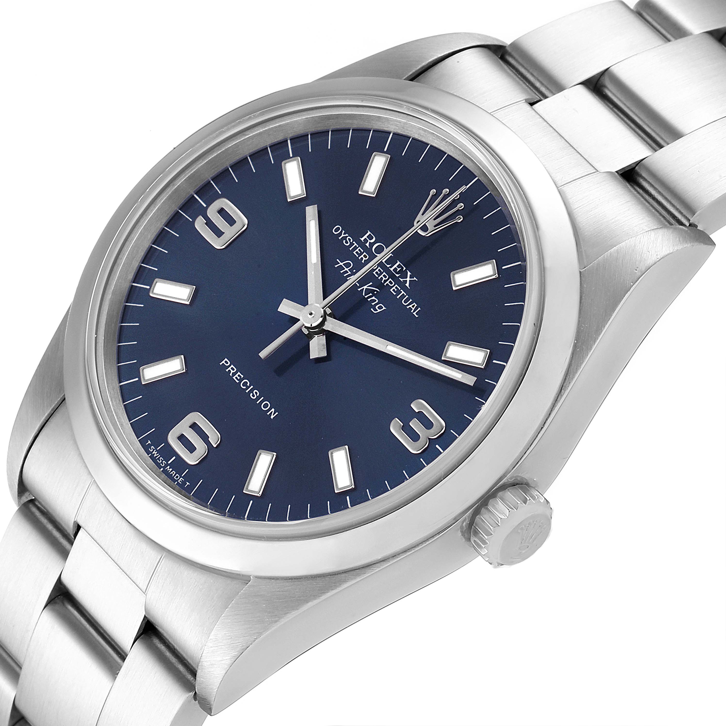 The Rolex Air-King 14000 Men's Stainless Steel Blue Dial 14000 Men's Stainless Steel Blue Dial watch is shown from an angled side view, displaying its face, crown, and part of the stainless steel bracelet.