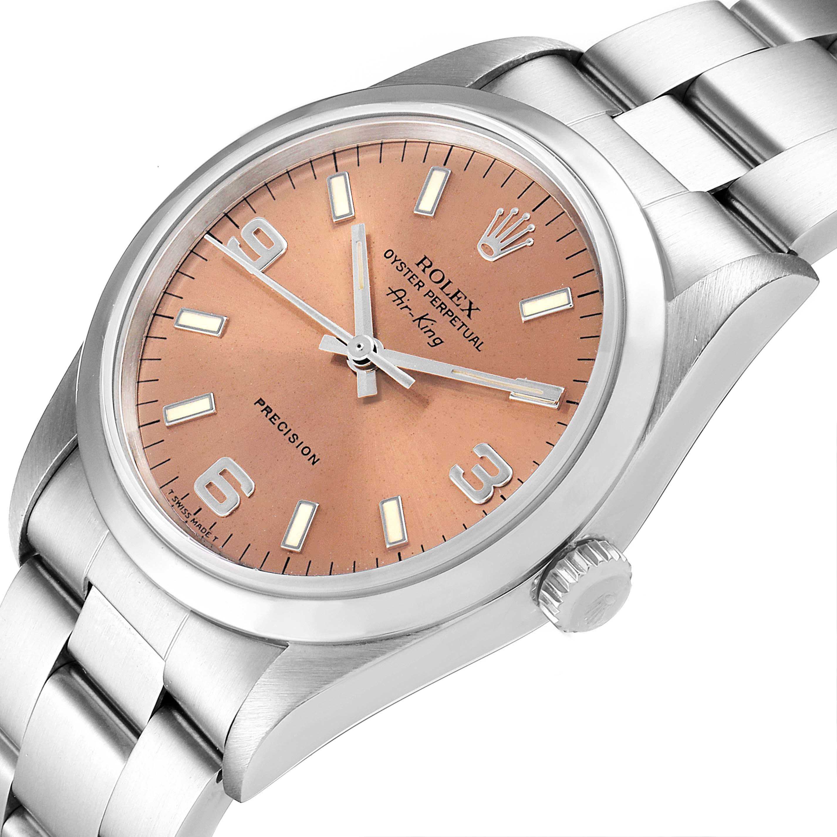 This image shows a Rolex Air-King 14000 Men's Stainless Steel Pink Dial 14000 Men's Stainless Steel Pink Dial watch at an angled close-up, displaying its dial, hands, case, and part of the bracelet.