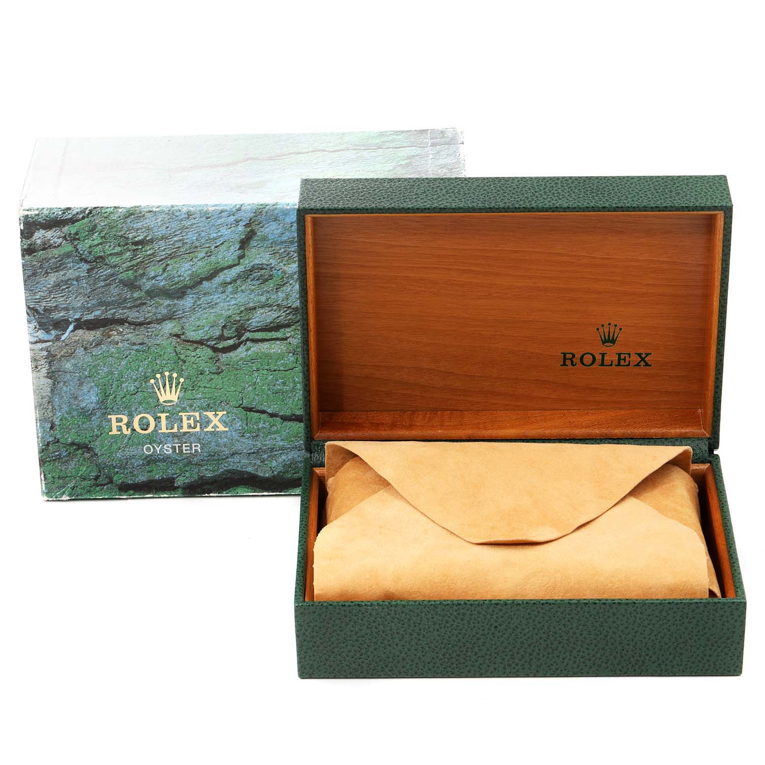 The image shows the packaging box and cushion for a Rolex Air-King 14000 Men's Stainless Steel Pink Dial 14000 Men's Stainless Steel Pink Dial watch, with the box lid open and no watch visible.