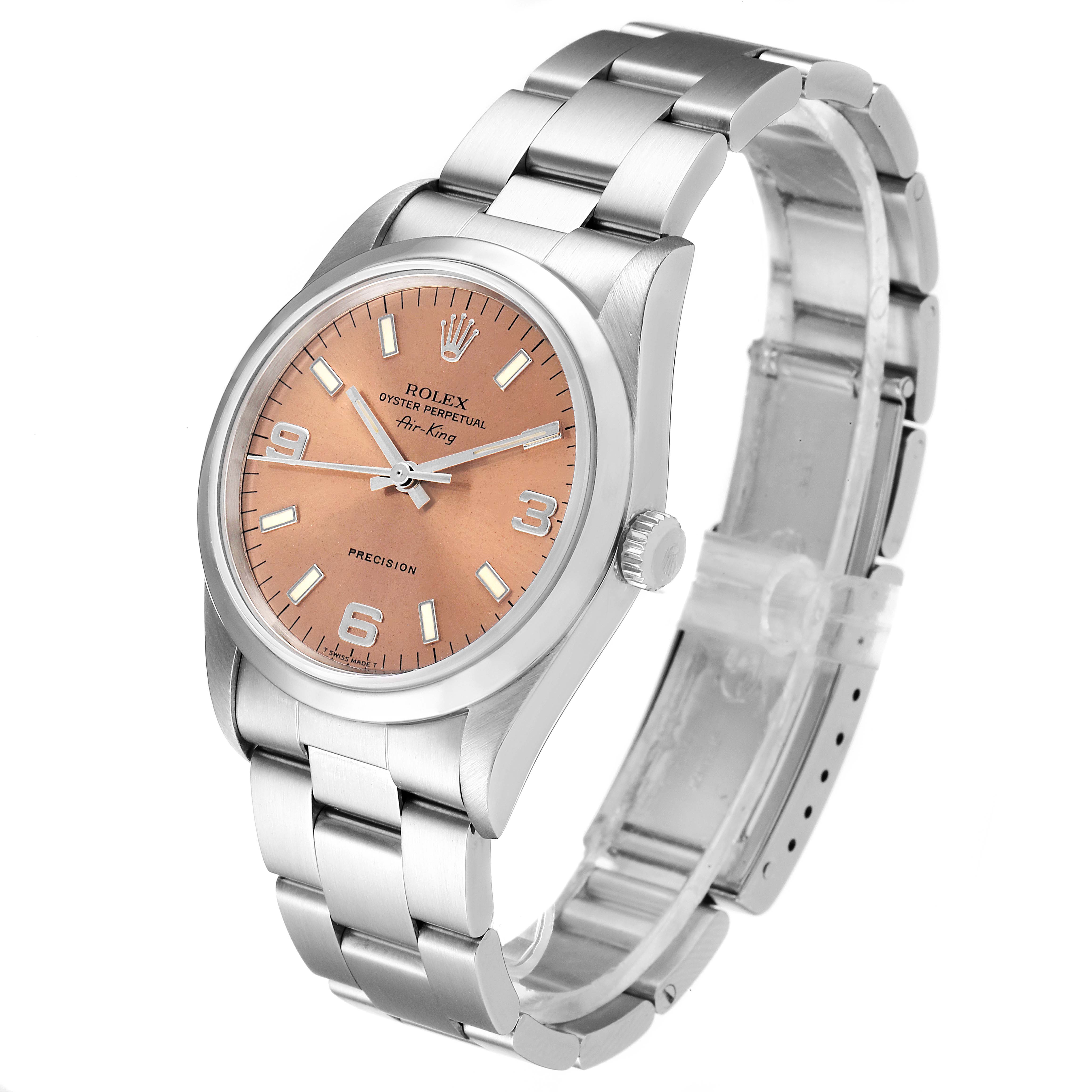 This image shows a Rolex Air-King 14000 Men's Stainless Steel Pink Dial 14000 Men's Stainless Steel Pink Dial watch at a 3/4 angle, highlighting the dial, crown, and bracelet.