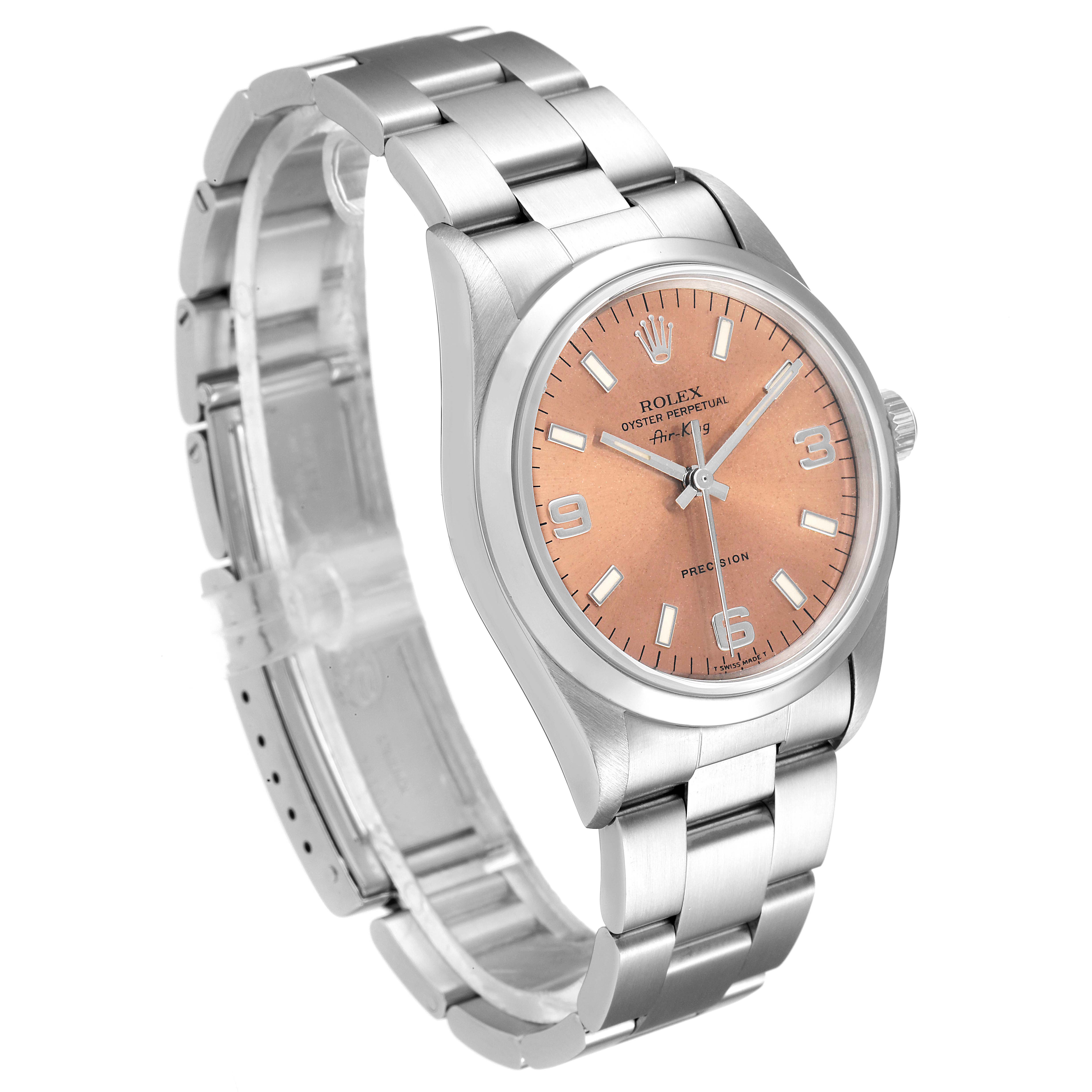 The image shows a Rolex Air-King 14000 Men's Stainless Steel Pink Dial 14000 Men's Stainless Steel Pink Dial watch at an angle highlighting its stainless steel band and salmon-colored dial.