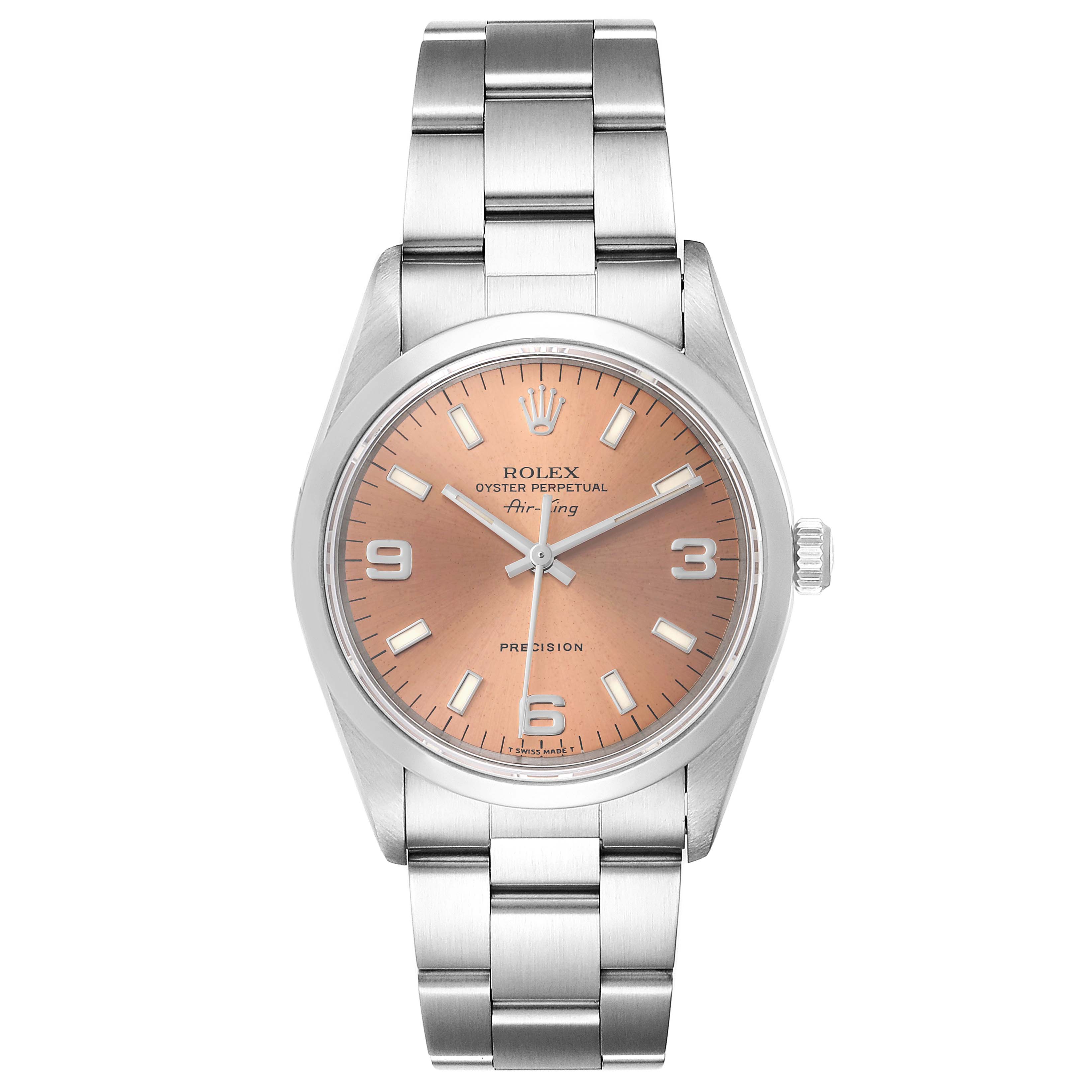 The Rolex Air-King 14000 Men's Stainless Steel Pink Dial 14000 Men's Stainless Steel Pink Dial watch is shown from a front angle, depicting its full face, bracelet, and crown.