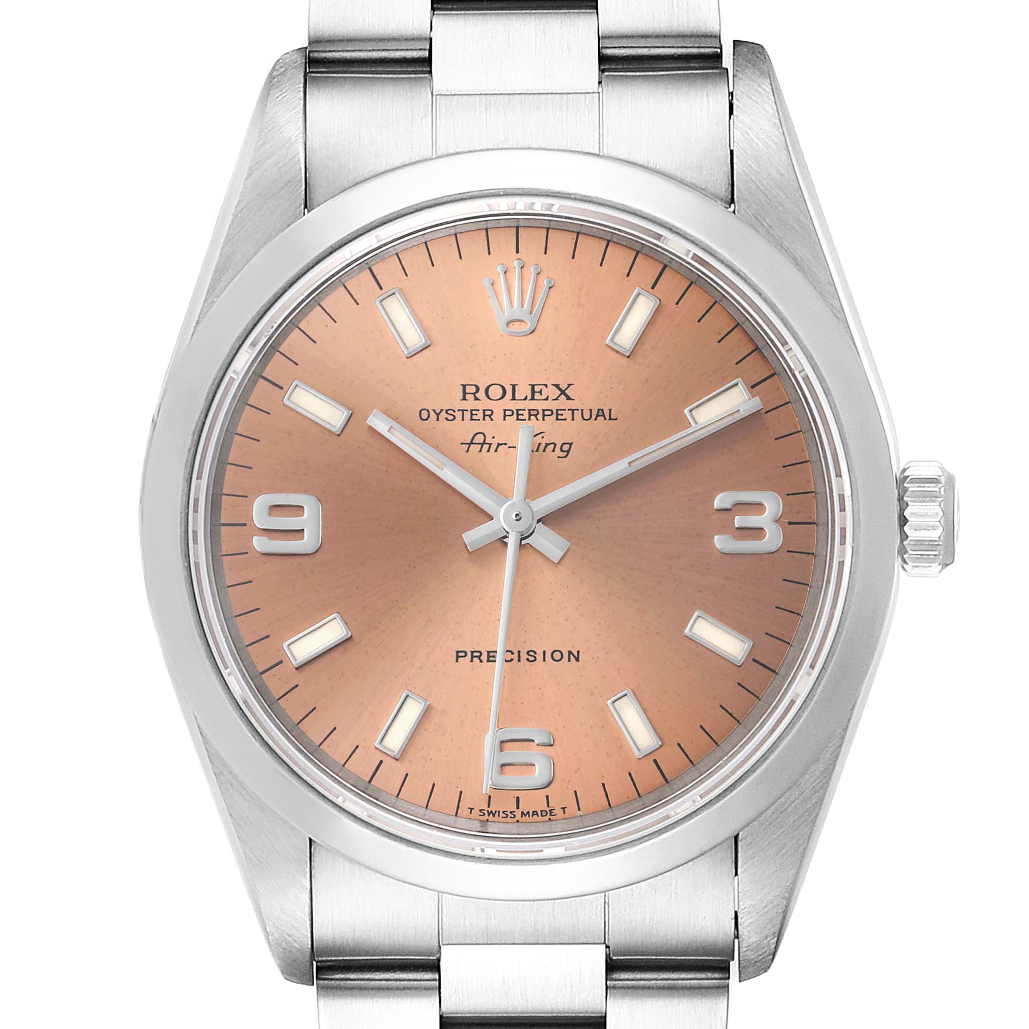 This is a head-on view of a Rolex Air-King 14000 Men's Stainless Steel Pink Dial 14000 Men's Stainless Steel Pink Dial watch, showcasing its face, bezel, crown, and stainless steel bracelet.