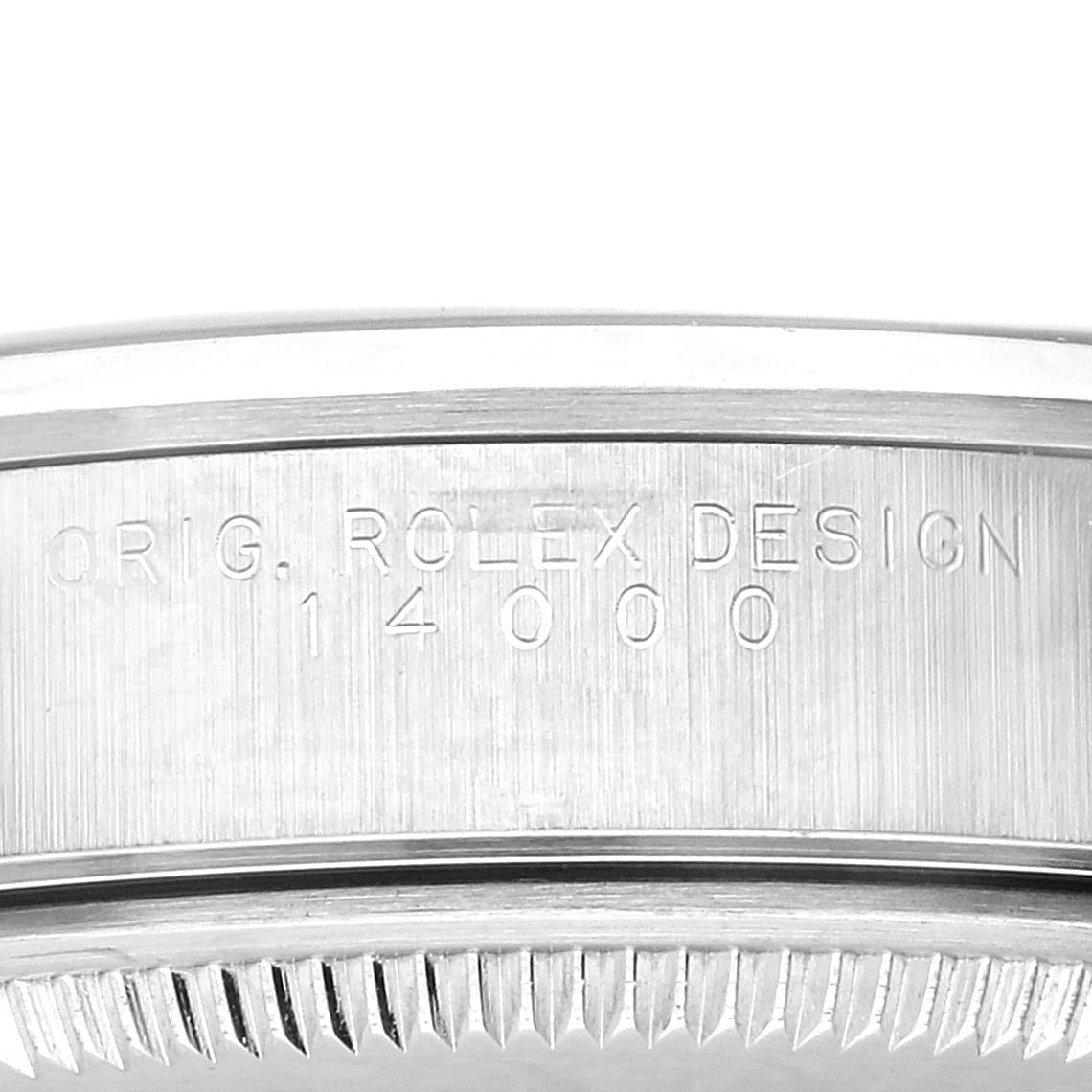 The image shows a side view of the bezel and case with "ORIG. ROLEX DESIGN 14000" engraving on a Rolex Air-King 14000 Men's Stainless Steel Blue Dial 14000 Men's Stainless Steel Blue Dial watch.
