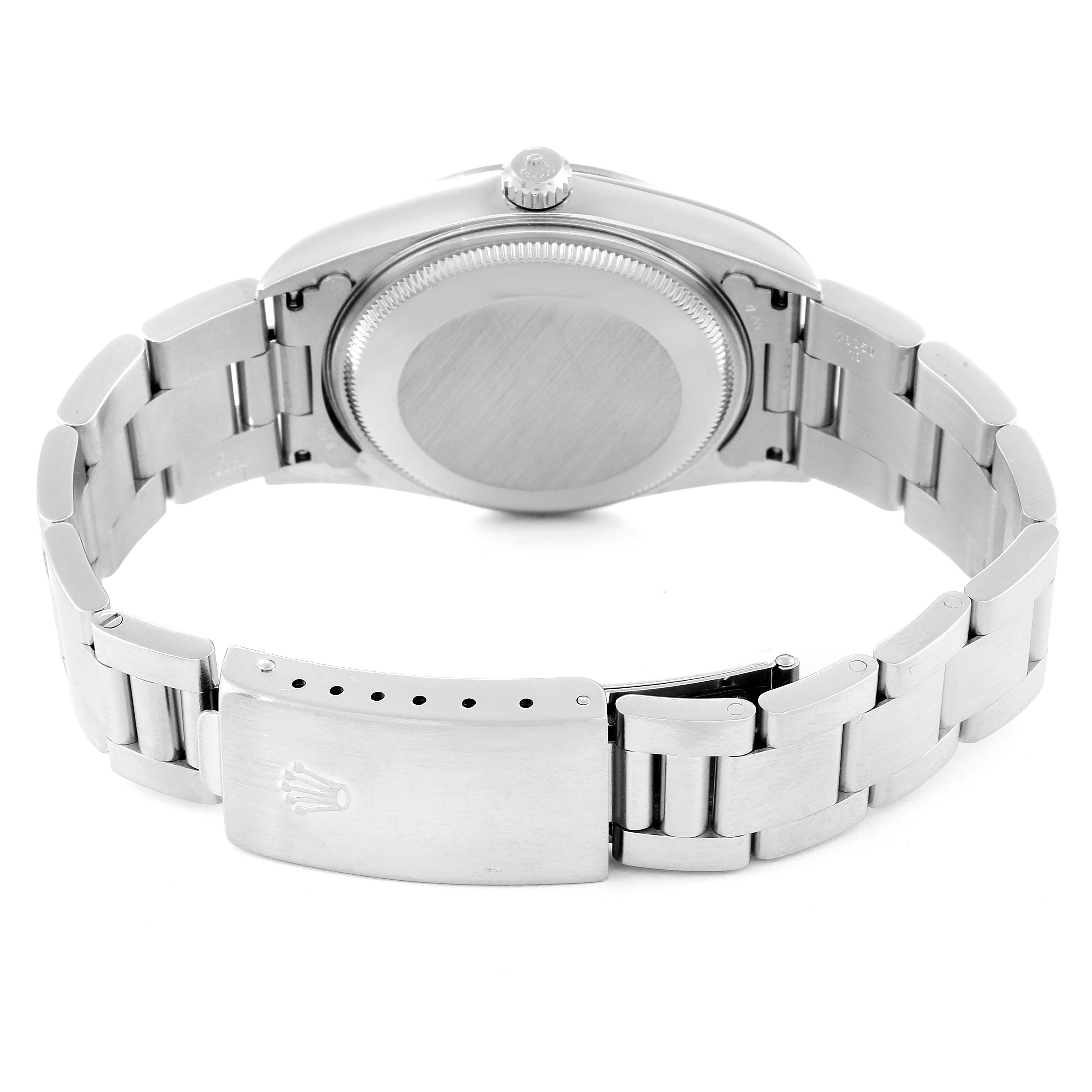 The image shows the backside and bracelet of a Rolex Air-King 14000 Men's Stainless Steel Blue Dial 14000 Men's Stainless Steel Blue Dial model watch, focusing on the clasp and case back.