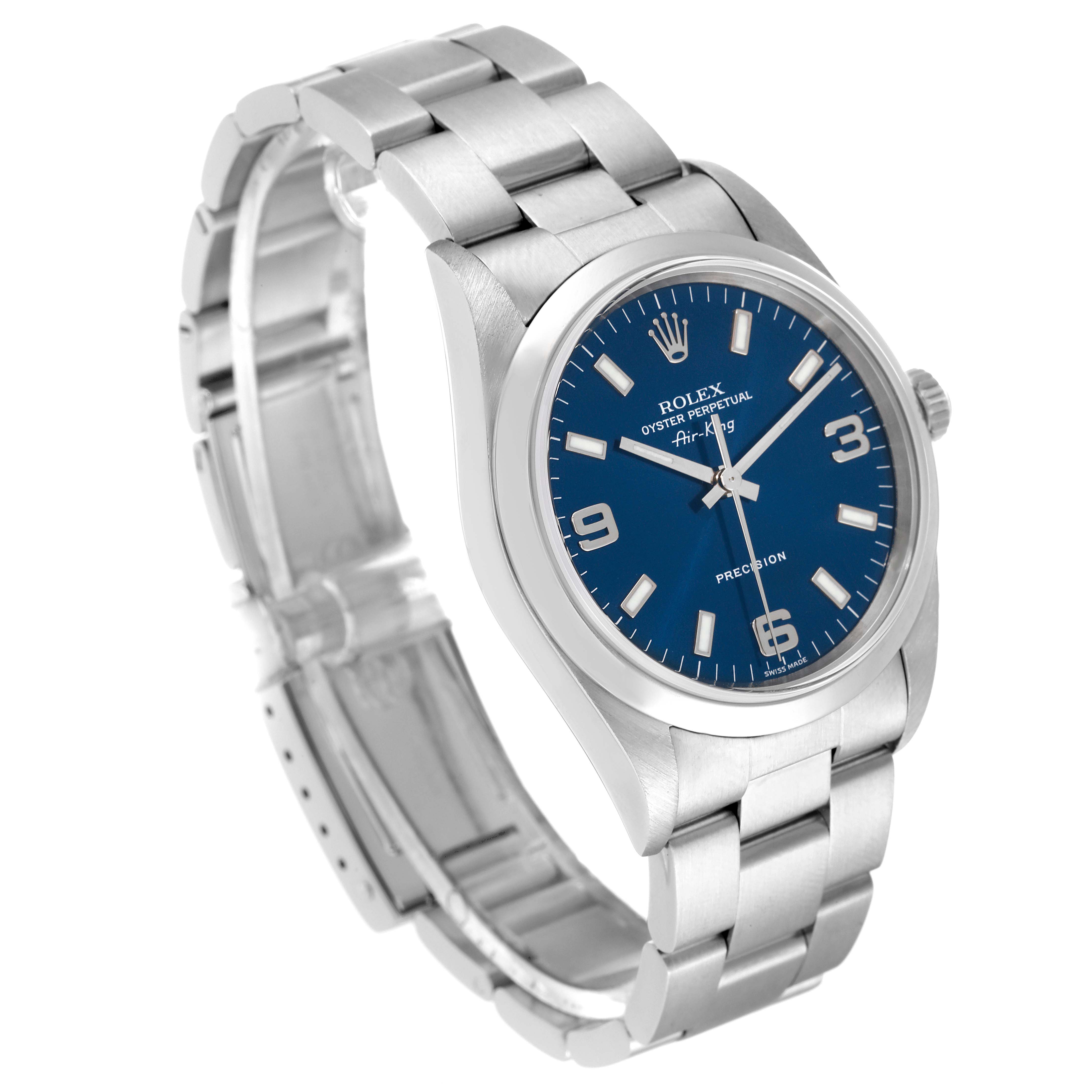 The Rolex Air-King 14000 Men's Stainless Steel Blue Dial 14000 Men's Stainless Steel Blue Dial watch is shown from a top-side angle, displaying the face, bezel, case, bracelet, and partially open clasp.