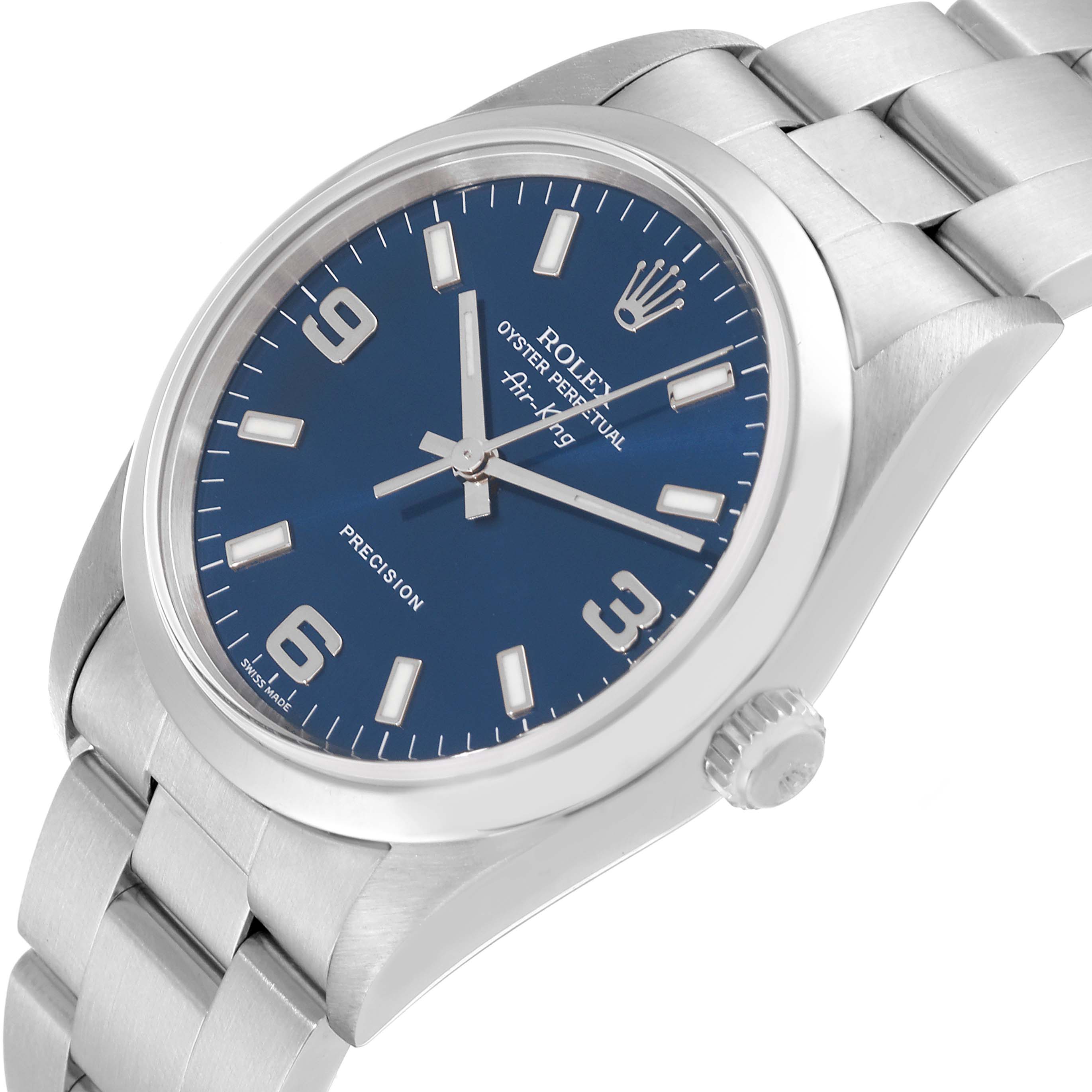 The image shows a side angle of the Rolex Air-King 14000 Men's Stainless Steel Blue Dial 14000 Men's Stainless Steel Blue Dial watch, highlighting the blue dial, crown, and metal bracelet.