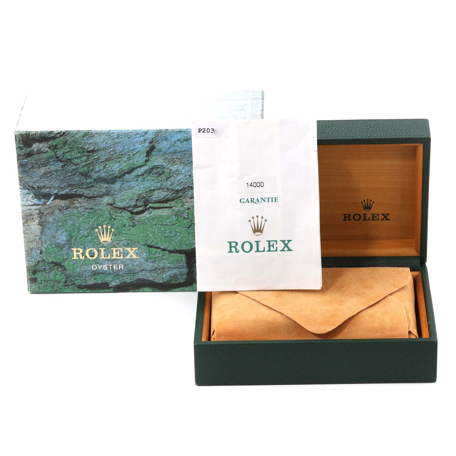 This image shows the packaging, guarantee booklet, and leather pouch of a Rolex Air-King 14000 Men's Stainless Steel Blue Dial 14000 Men's Stainless Steel Blue Dial watch from a frontal angle.