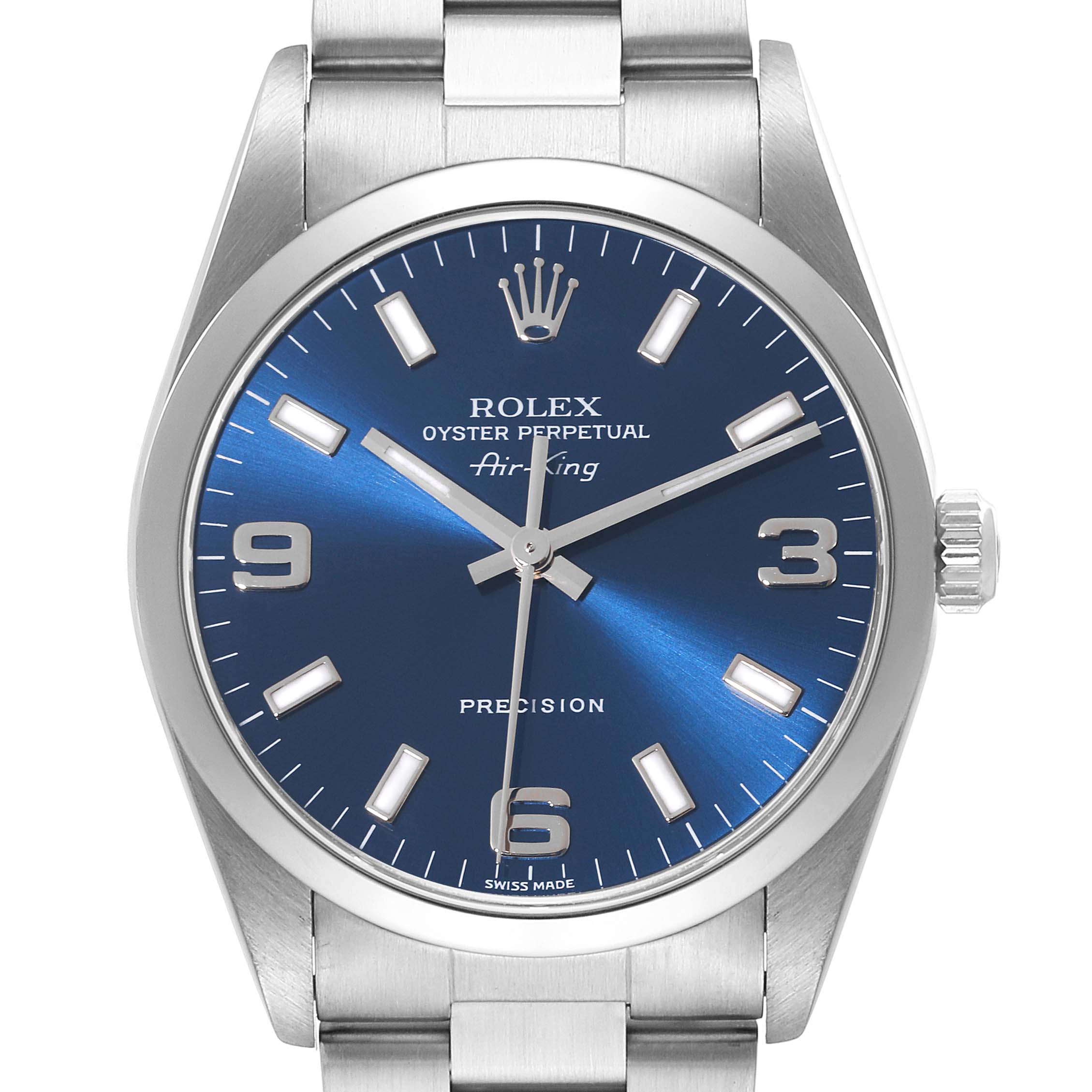 The image shows the dial, case, and part of the bracelet of a Rolex Air-King 14000 Men's Stainless Steel Blue Dial 14000 Men's Stainless Steel Blue Dial watch from a front angle.