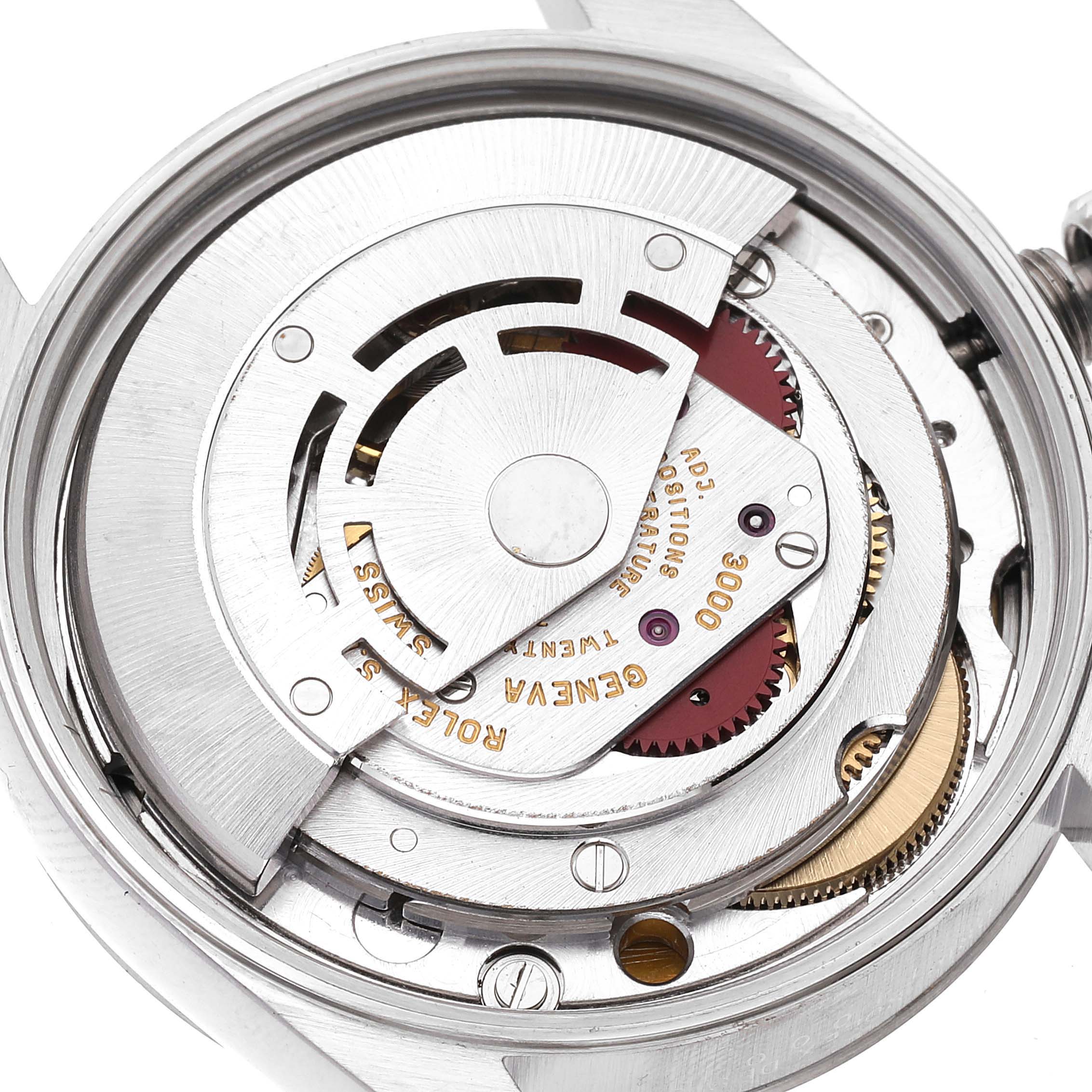 This image shows the intricate internal mechanism of the Rolex Air-King 14000 Men's Stainless Steel Blue Dial 14000 Men's Stainless Steel Blue Dial watch from a top-down angle with its case back removed.