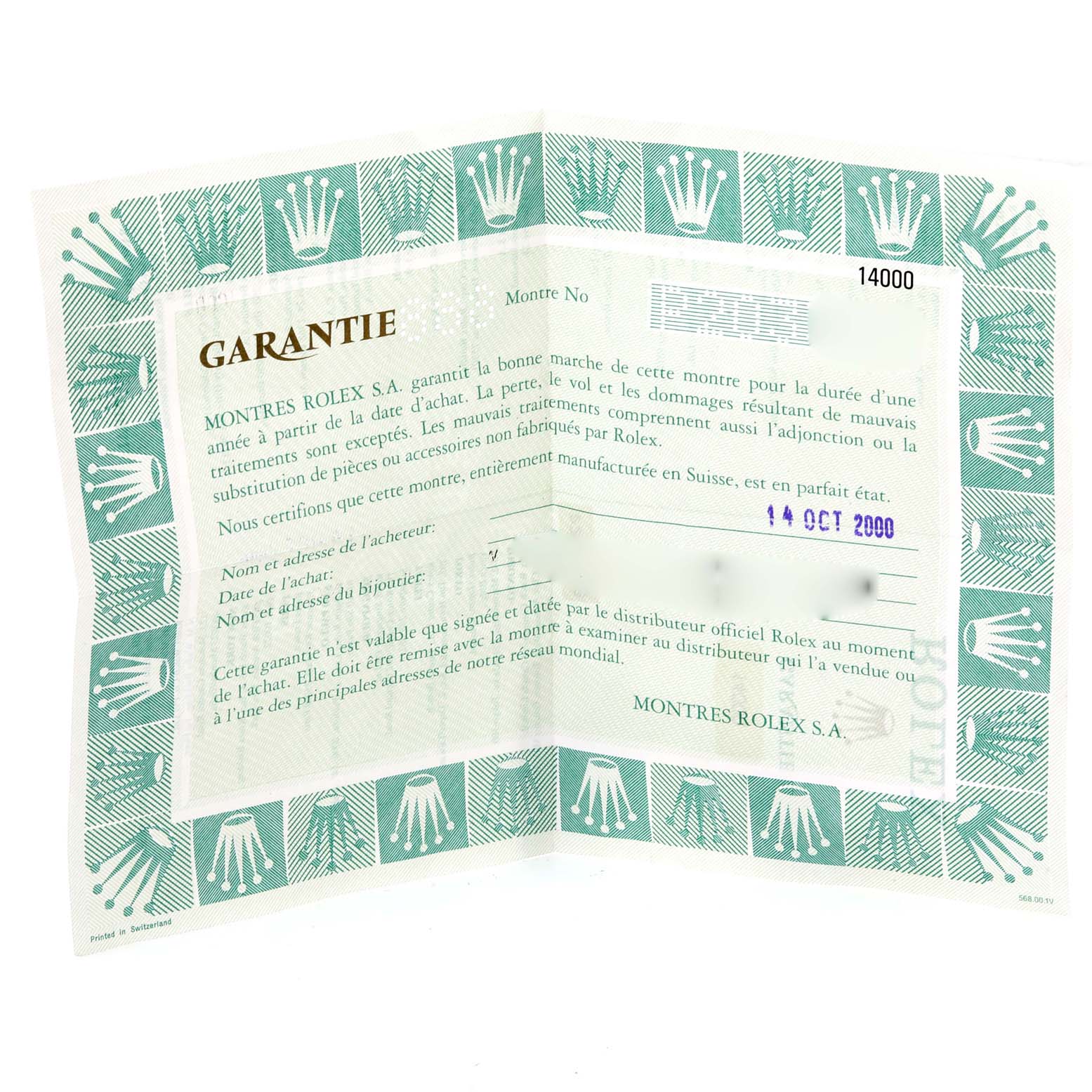 The image shows the warranty certificate for the Rolex Air-King 14000 Men's Stainless Steel Blue Dial 14000 Men's Stainless Steel Blue Dial watch.