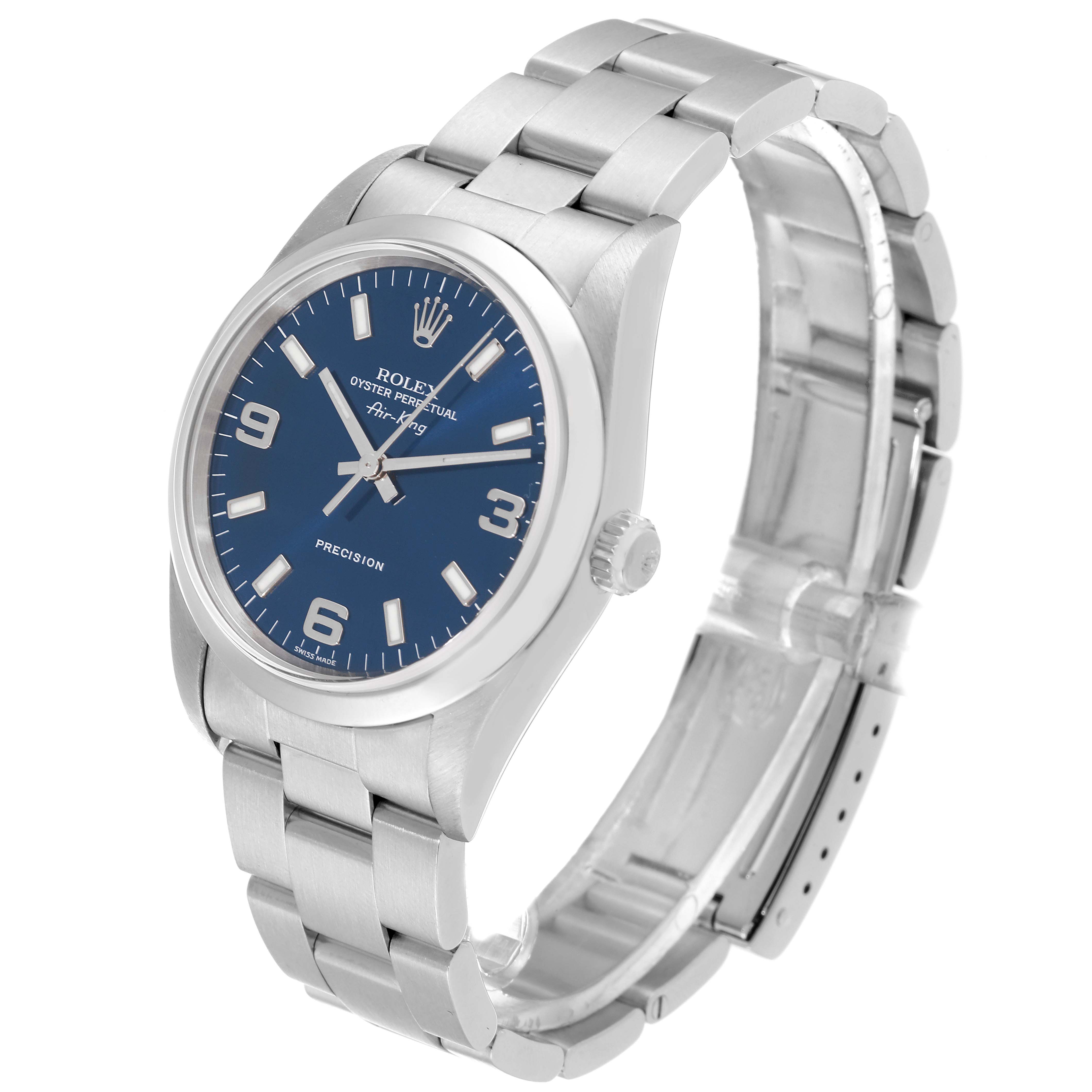 The image shows a Rolex Air-King 14000 Men's Stainless Steel Blue Dial 14000 Men's Stainless Steel Blue Dial watch at a slight angle, highlighting the watch face, bezel, crown, and stainless steel bracelet.