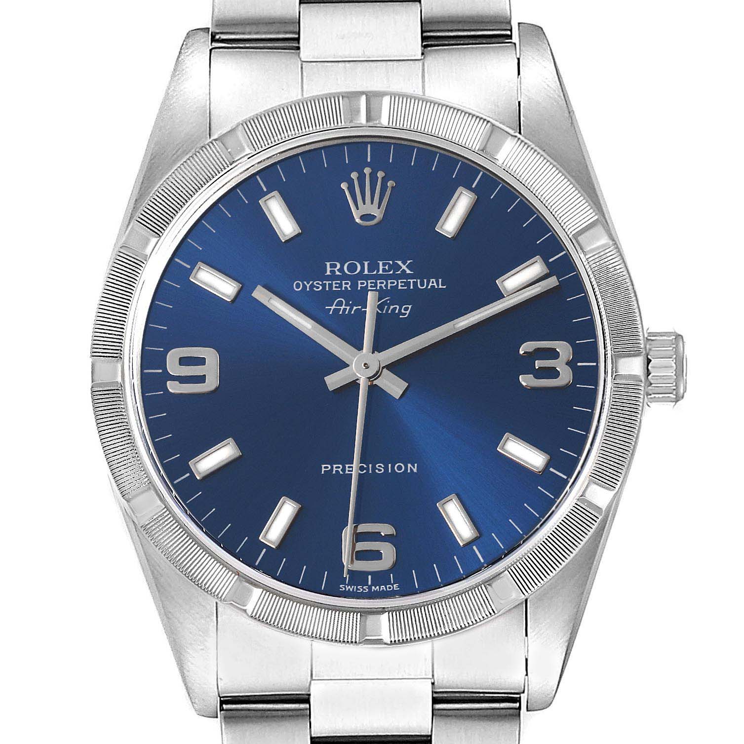 The Rolex Air-King 14010M Men's Stainless Steel Blue Dial 14010M Men's Stainless Steel Blue Dial watch is shown from the front, displaying the face, bezel, crown, and part of the bracelet.