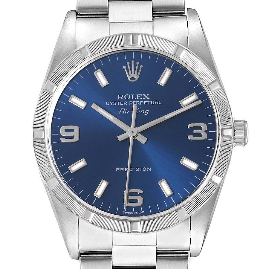 The Rolex Air-King watch is shown from the front, displaying the face, bezel, crown, and part of the bracelet.