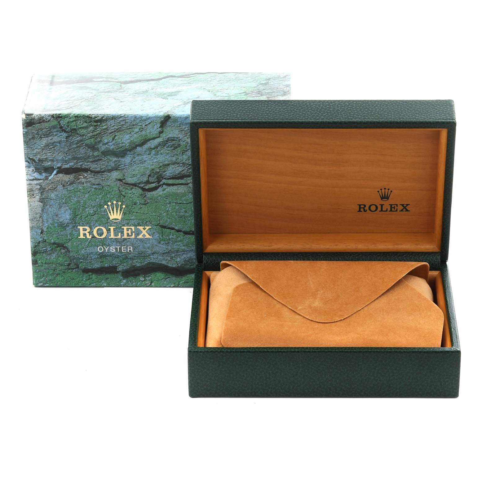 The image shows a Rolex Air-King 14010M Men's Stainless Steel Blue Dial 14010M Men's Stainless Steel Blue Dial watch box and case, with the box open and the suede pouch inside.