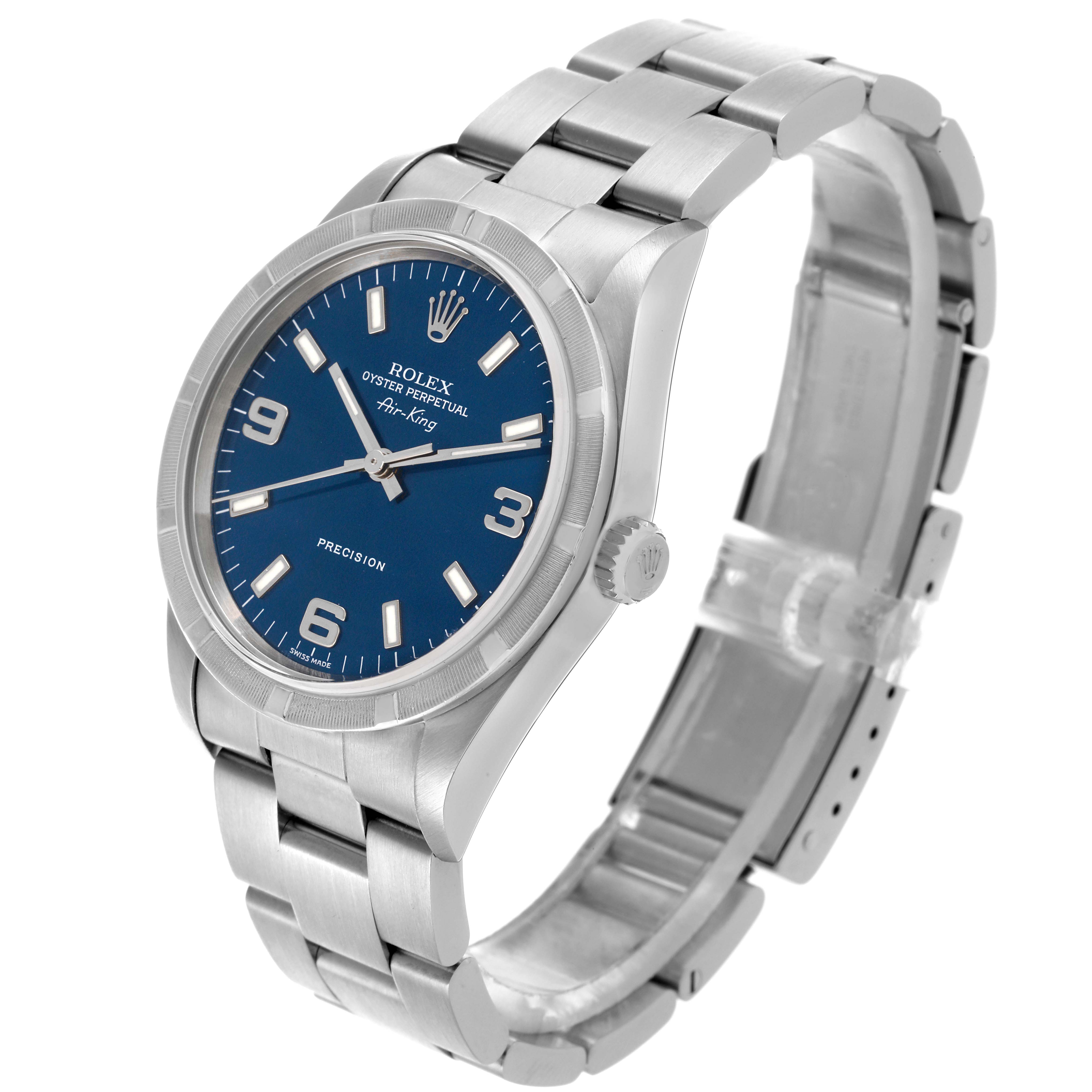 The Rolex Air-King 14010M Men's Stainless Steel Blue Dial 14010M Men's Stainless Steel Blue Dial watch is shown at an angled view, displaying its face, bracelet, and side crown.