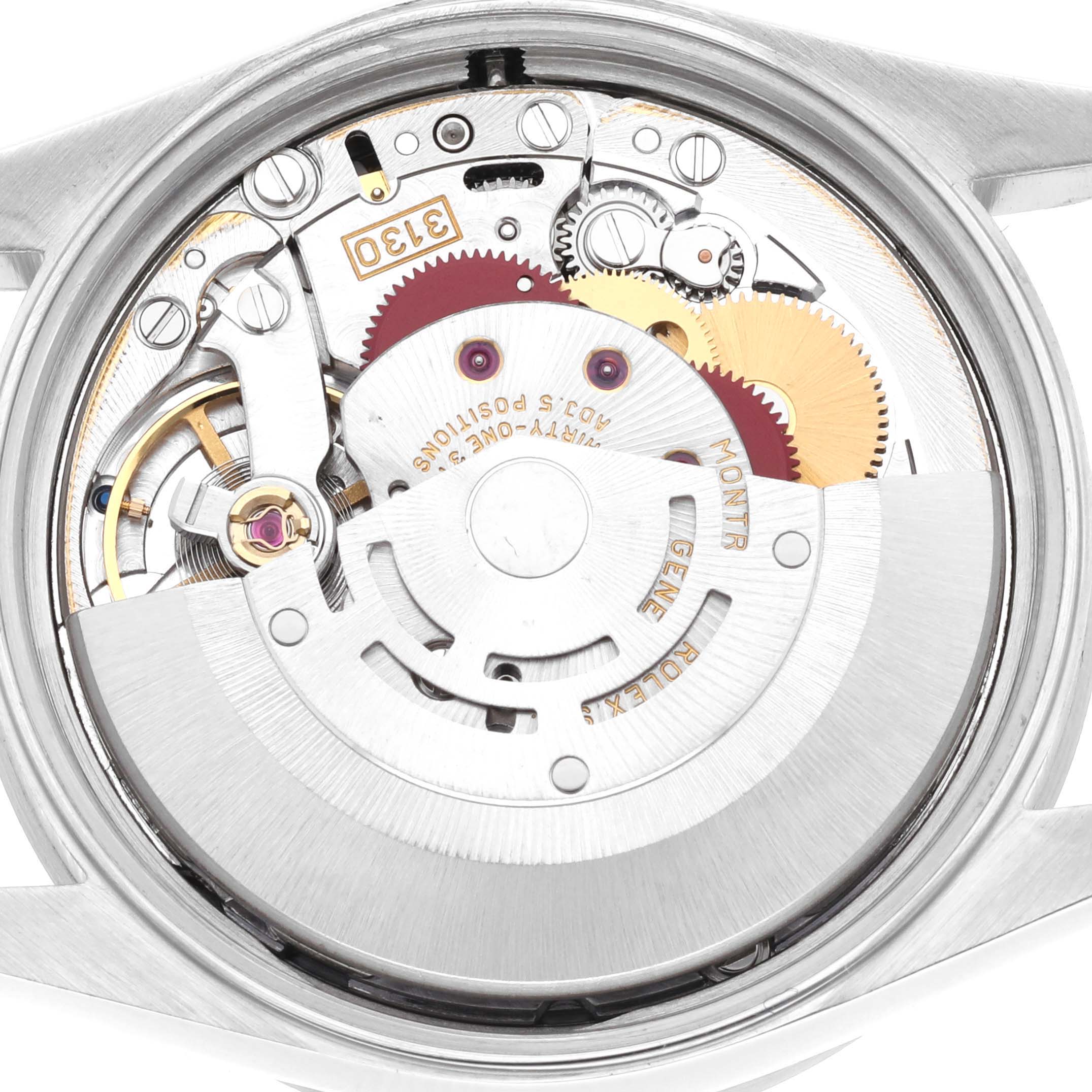 The image shows the internal mechanism of a Rolex Air-King 14010M Men's Stainless Steel Blue Dial 14010M Men's Stainless Steel Blue Dial watch at a direct top-down angle.