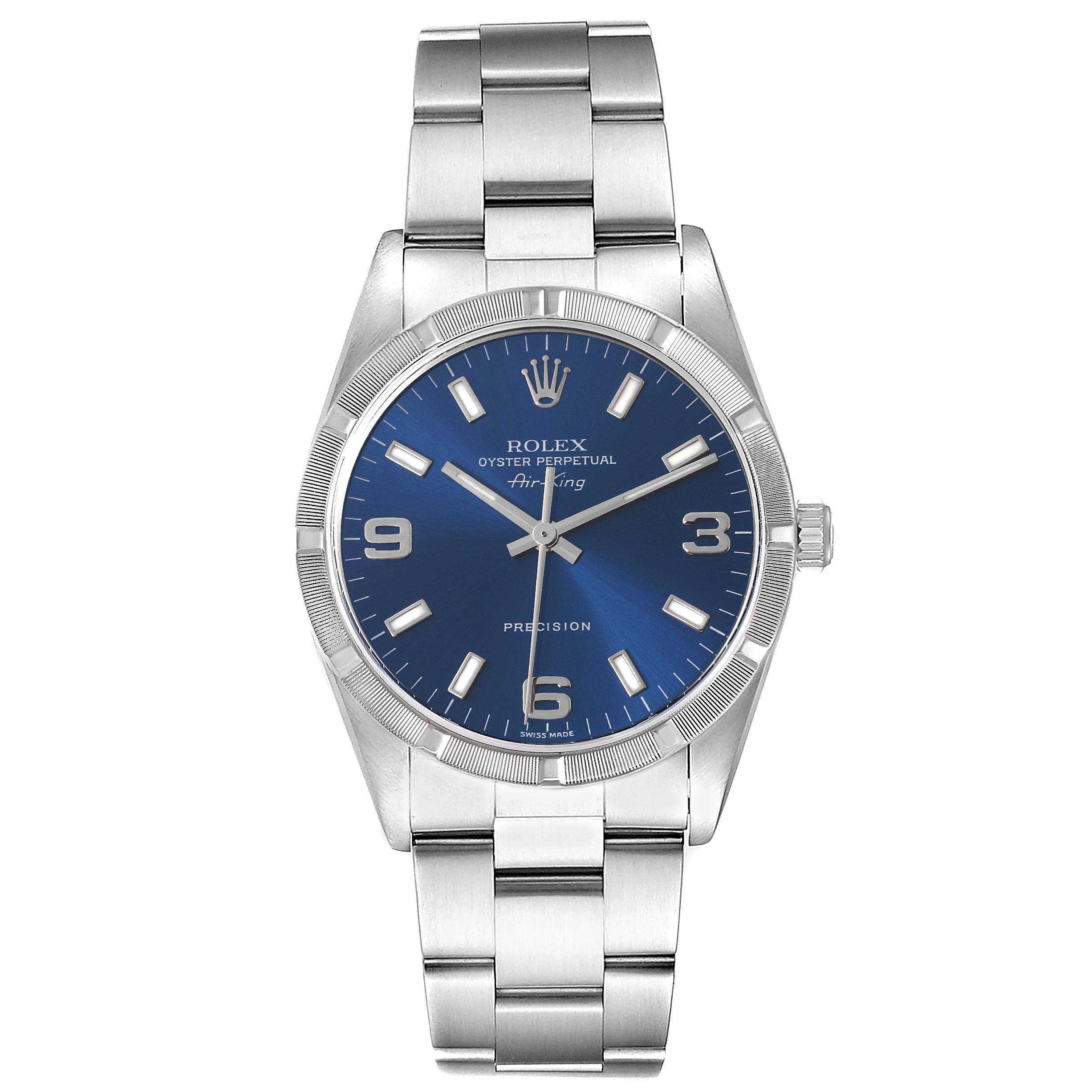 The Rolex Air-King 14010M Men's Stainless Steel Blue Dial 14010M Men's Stainless Steel Blue Dial watch is shown from the front, displaying the blue dial, hour markers, hands, and stainless steel bracelet.