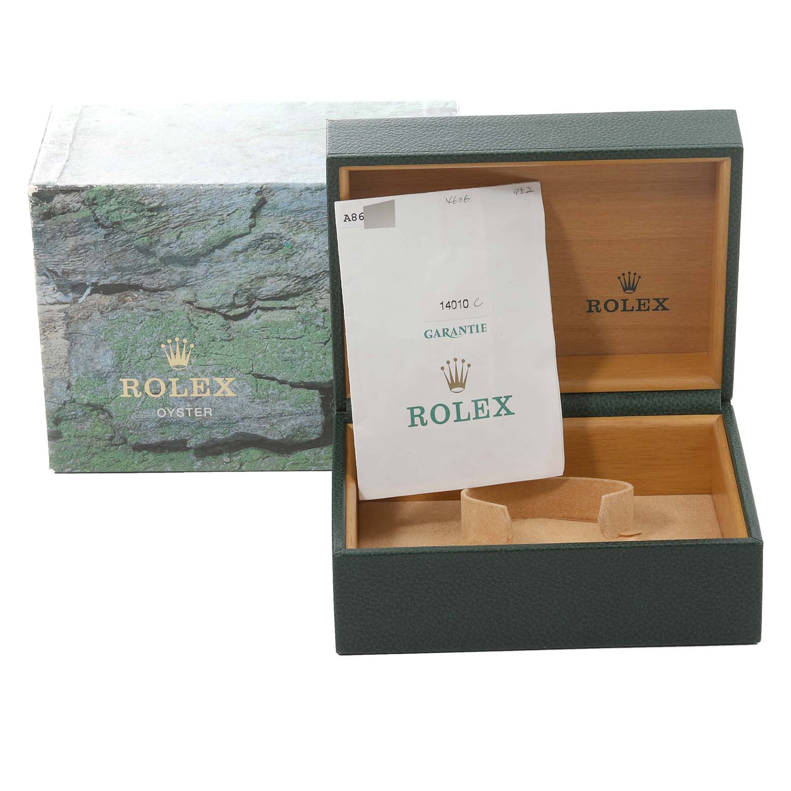 The image shows an open Rolex Air-King 14010 Men's Stainless Steel Blue Dial 14010 Men's Stainless Steel Blue Dial watch box and its outer sleeve, along with a guarantee card placed inside.