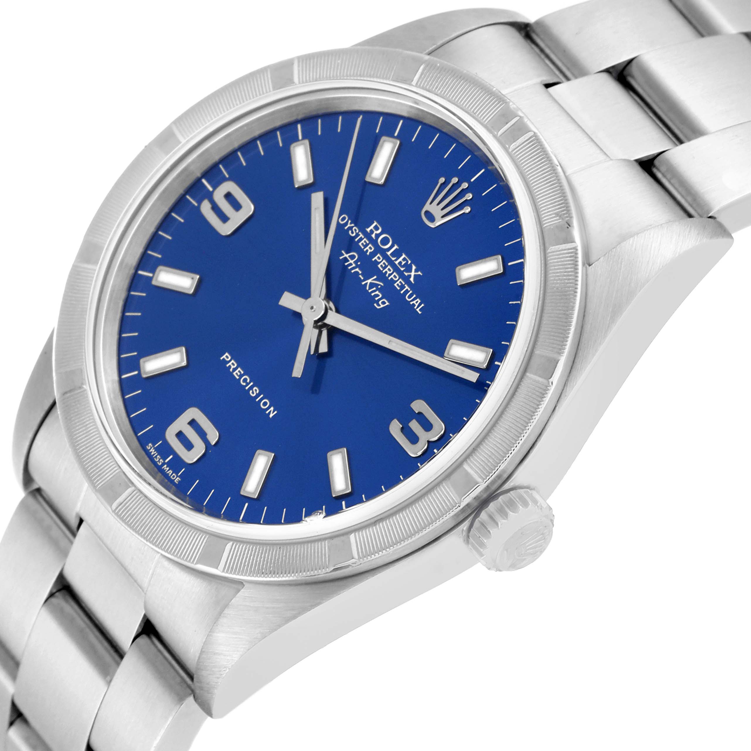 The image shows a Rolex Air-King 14010 Men's Stainless Steel Blue Dial 14010 Men's Stainless Steel Blue Dial watch at a three-quarter angle, highlighting the blue dial, crown, and stainless steel bracelet.