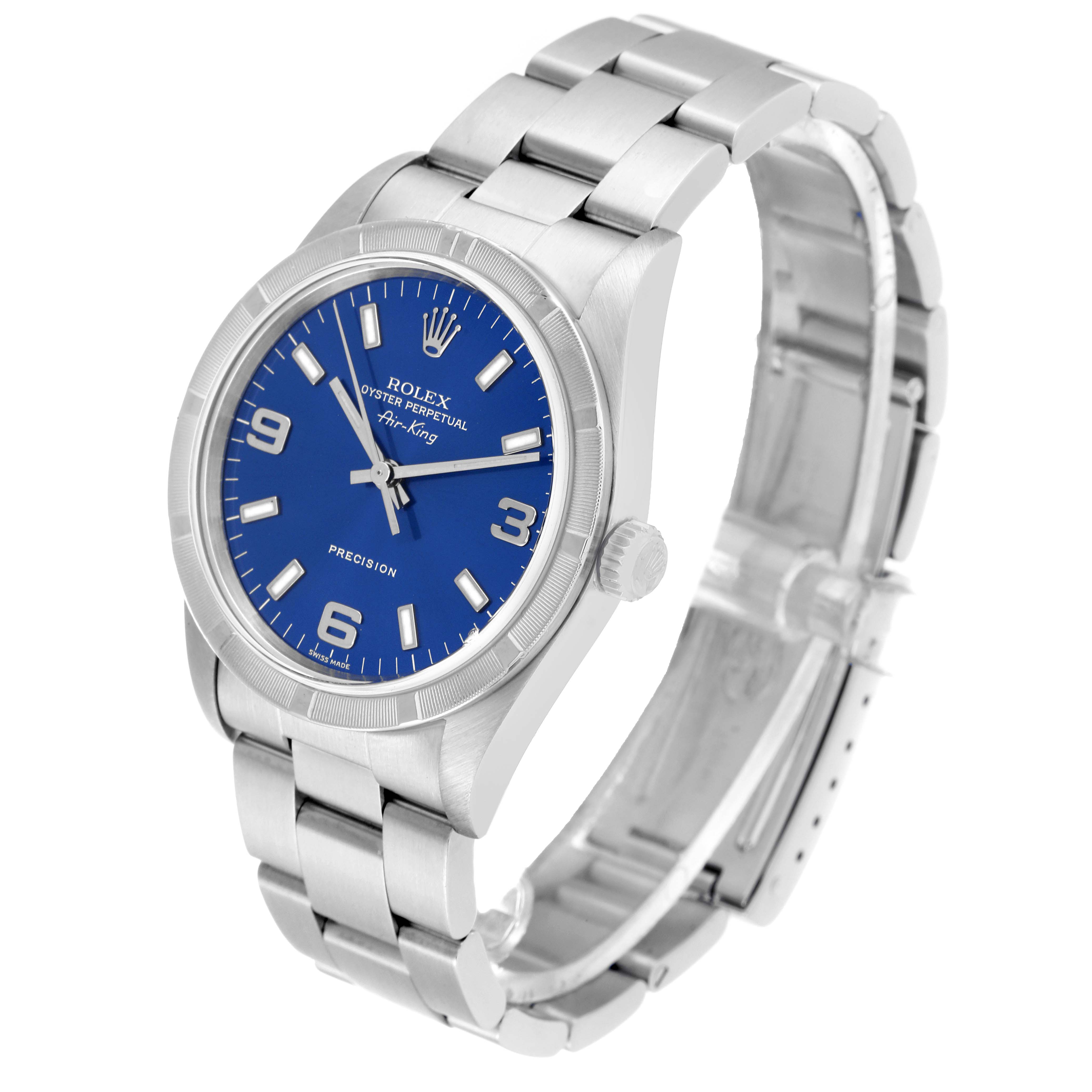 The Rolex Air-King 14010 Men's Stainless Steel Blue Dial 14010 Men's Stainless Steel Blue Dial watch is shown at a three-quarter angle, highlighting its blue dial and stainless steel bracelet.