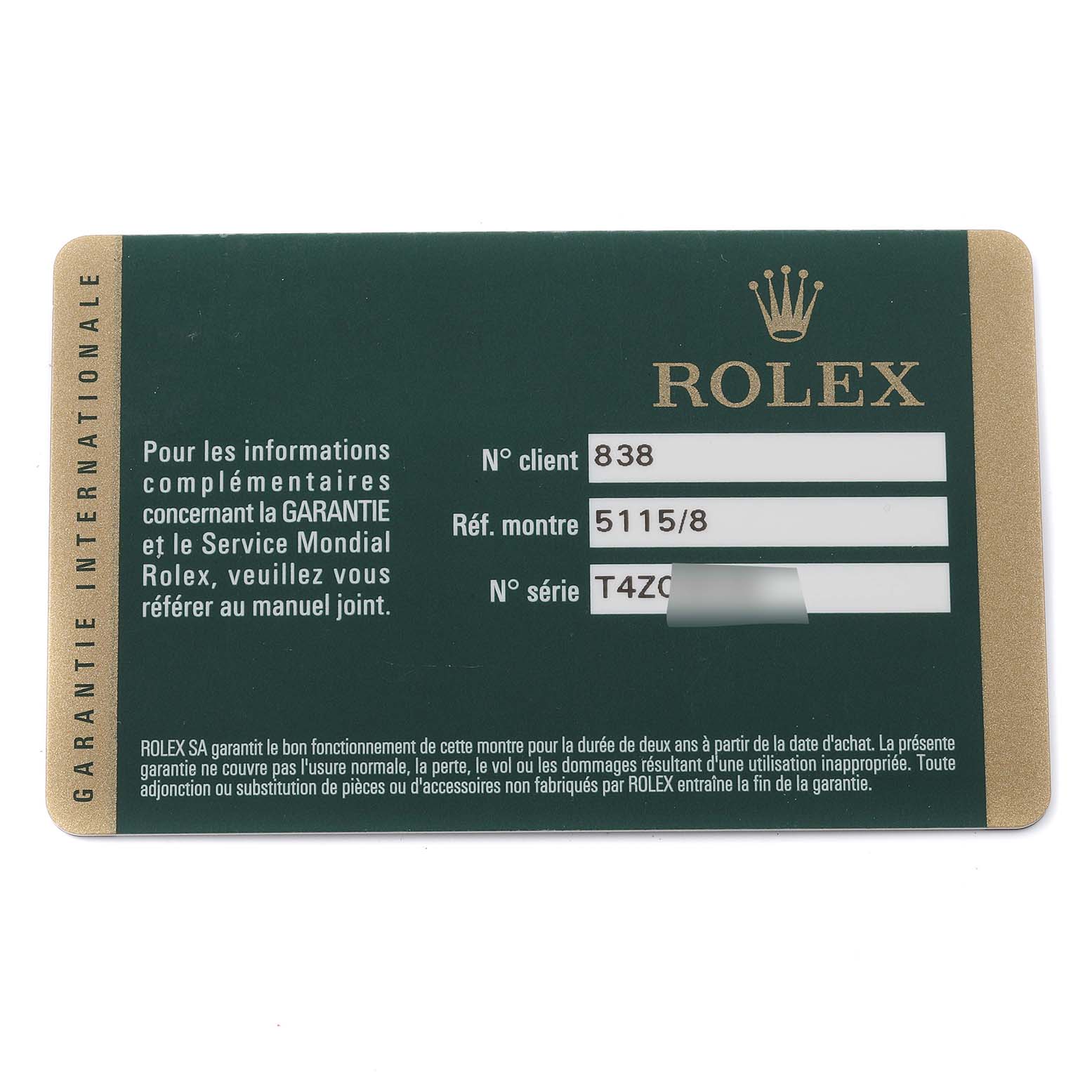 This image shows a warranty card for the Rolex Cellini 5115 Men's Yellow Gold Beige Dial 5115 Men's Yellow Gold Beige Dial model 5115/8.