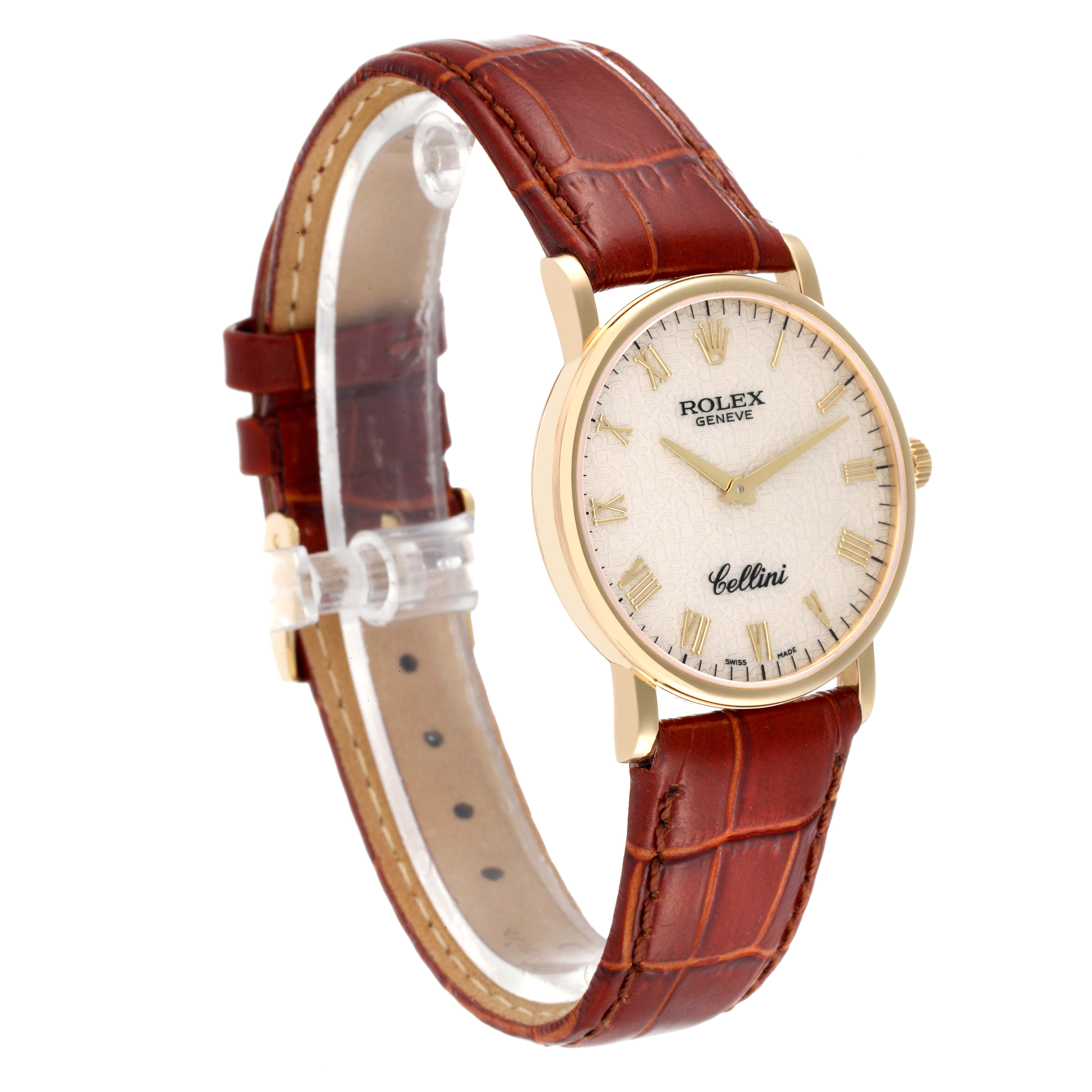 This Rolex Cellini 5115 Men's Yellow Gold Beige Dial 5115 Men's Yellow Gold Beige Dial watch is shown at a slight angle from the front, displaying its dial, case, and brown leather strap.