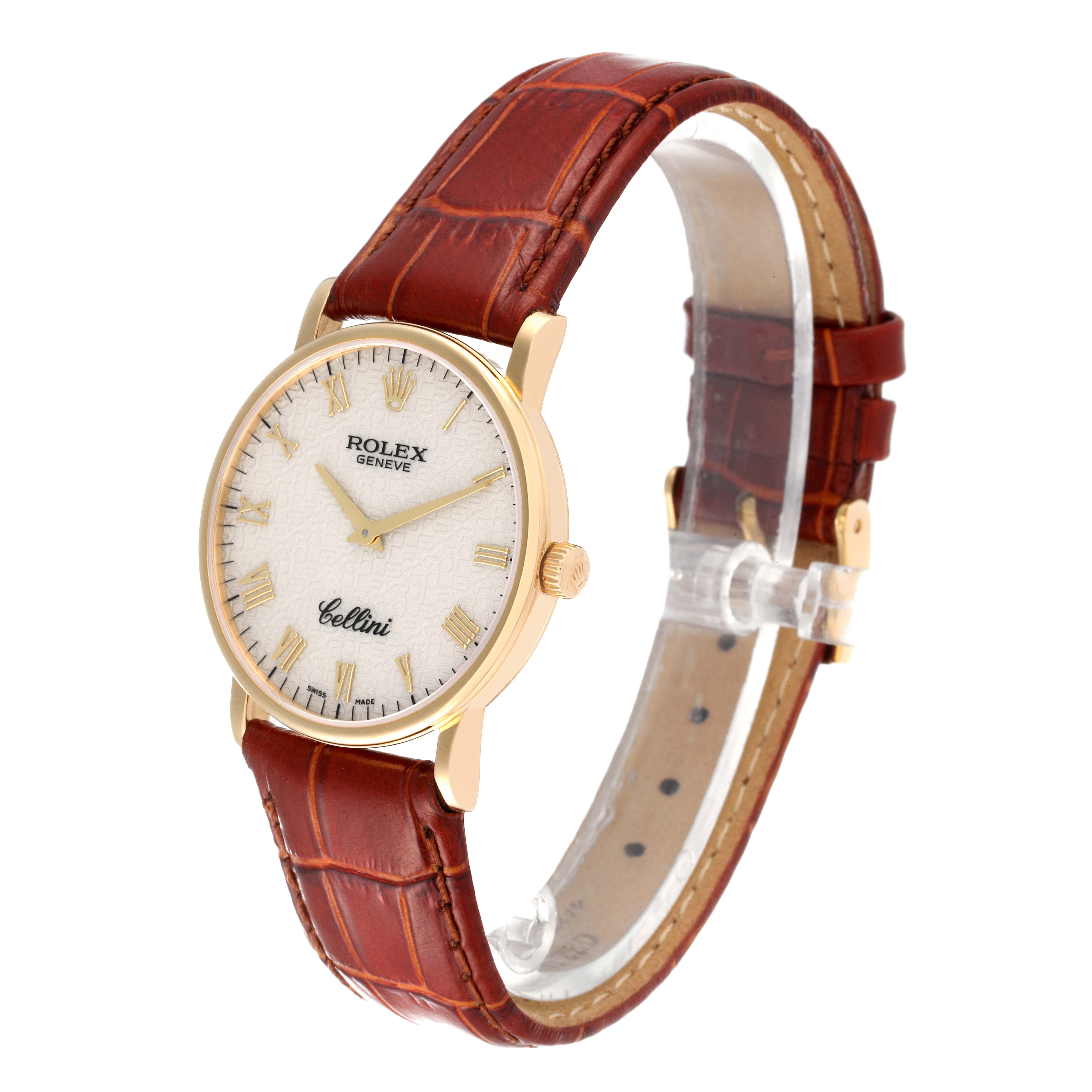 This Rolex Cellini 5115 Men's Yellow Gold Beige Dial 5115 Men's Yellow Gold Beige Dial watch is shown at an angle that highlights the dial, case, and brown leather strap.