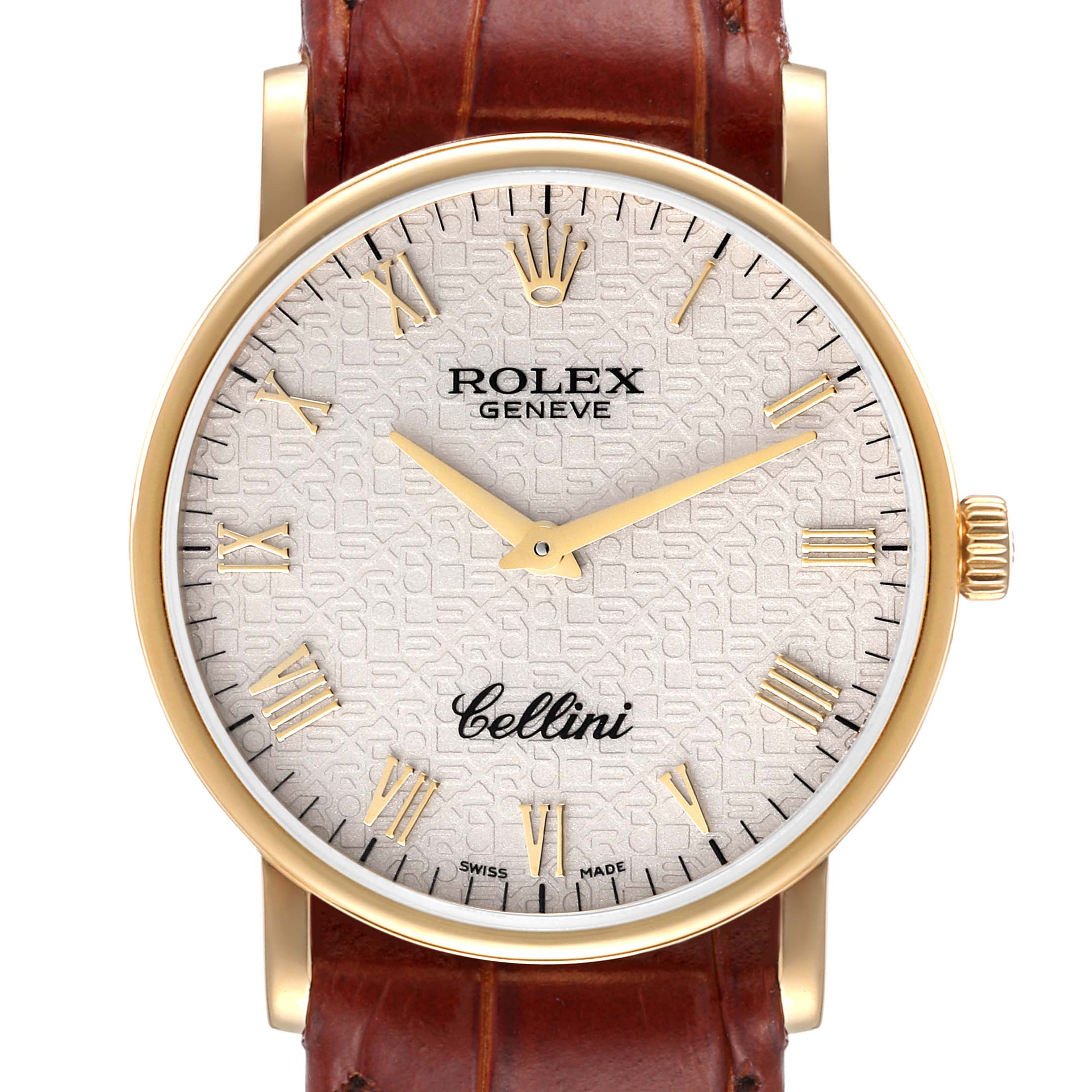 This image shows a front view of the Rolex Cellini 5115 Men's Yellow Gold Beige Dial 5115 Men's Yellow Gold Beige Dial watch, highlighting its dial, hands, crown, and part of the leather strap.