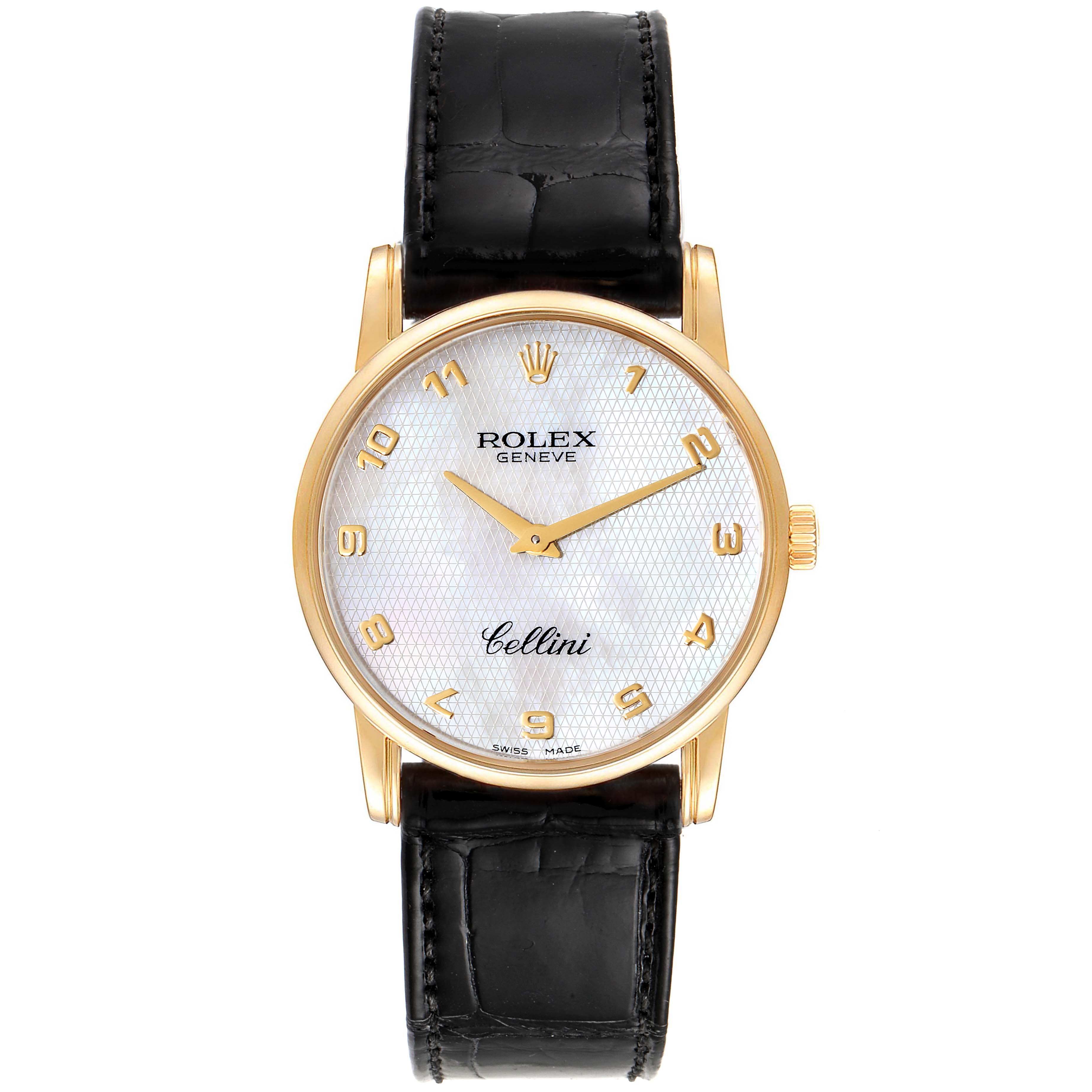This image shows a Rolex Cellini 5116 Men's Yellow Gold Mother of Pearl Dial 5116 Men's Yellow Gold Mother of Pearl Dial watch from a front angle, displaying the dial, hands, hour markers, and black leather strap.