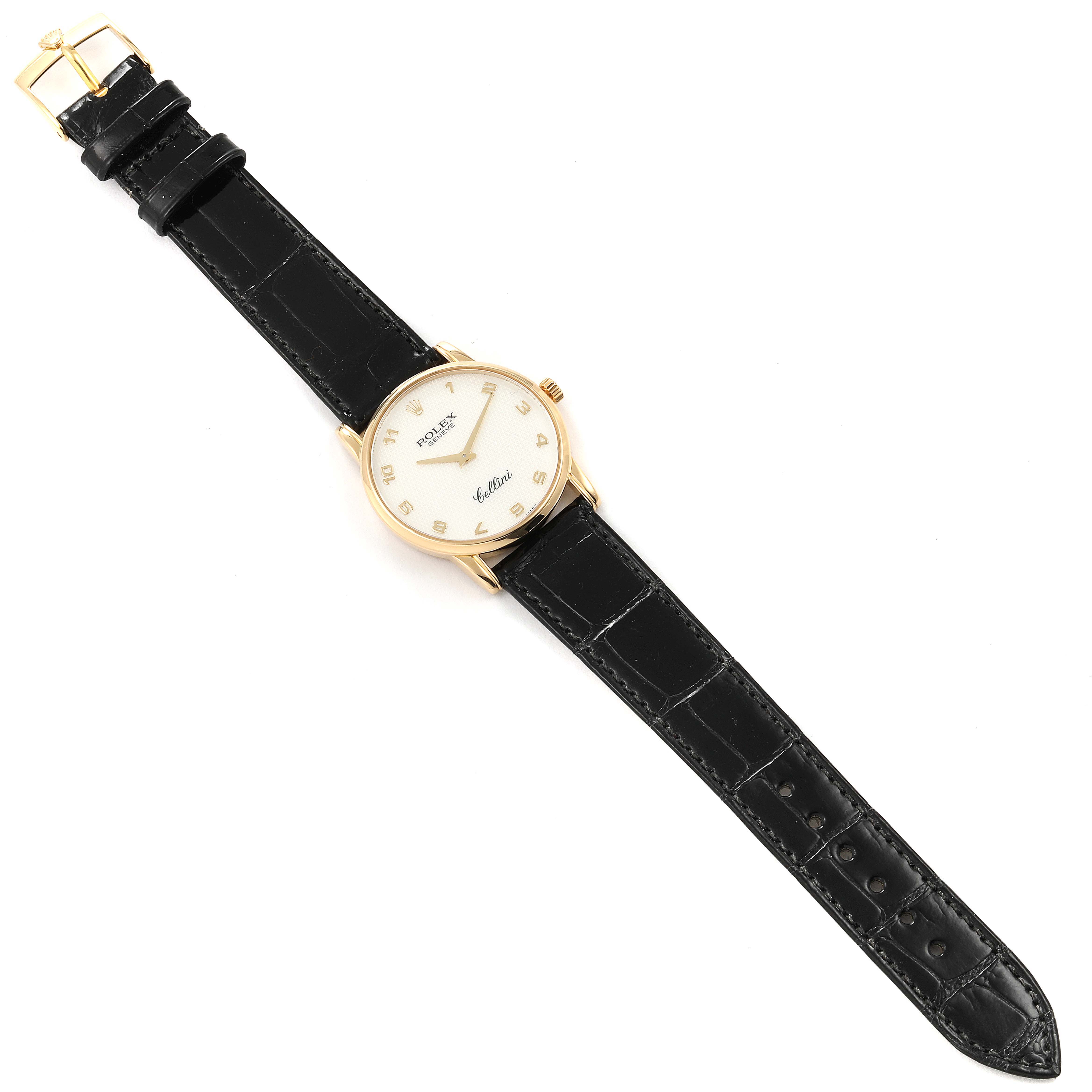 The Rolex Cellini 5116 Men's Yellow Gold Mother of Pearl Dial 5116 Men's Yellow Gold Mother of Pearl Dial watch is shown flat with a full view of its face, gold case, and black leather strap.