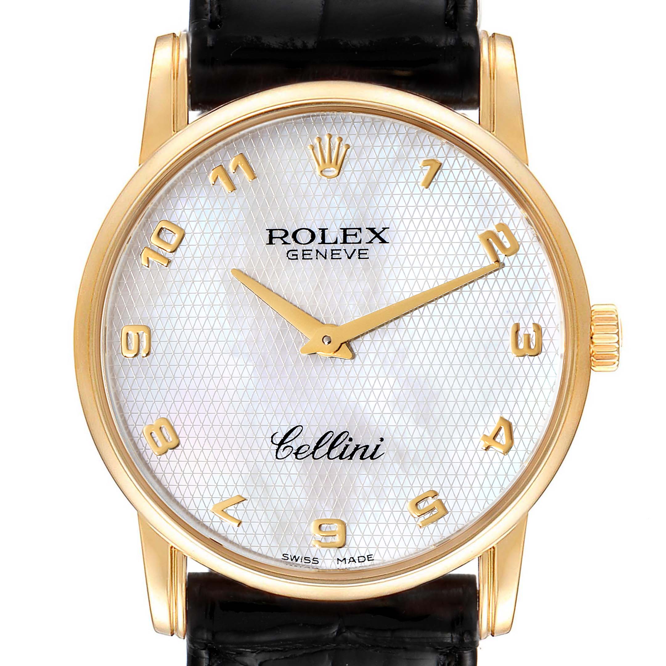 The image shows a front view of the Rolex Cellini 5116 Men's Yellow Gold Mother of Pearl Dial 5116 Men's Yellow Gold Mother of Pearl Dial watch, highlighting its dial, hands, bezel, crown, and a portion of the strap.