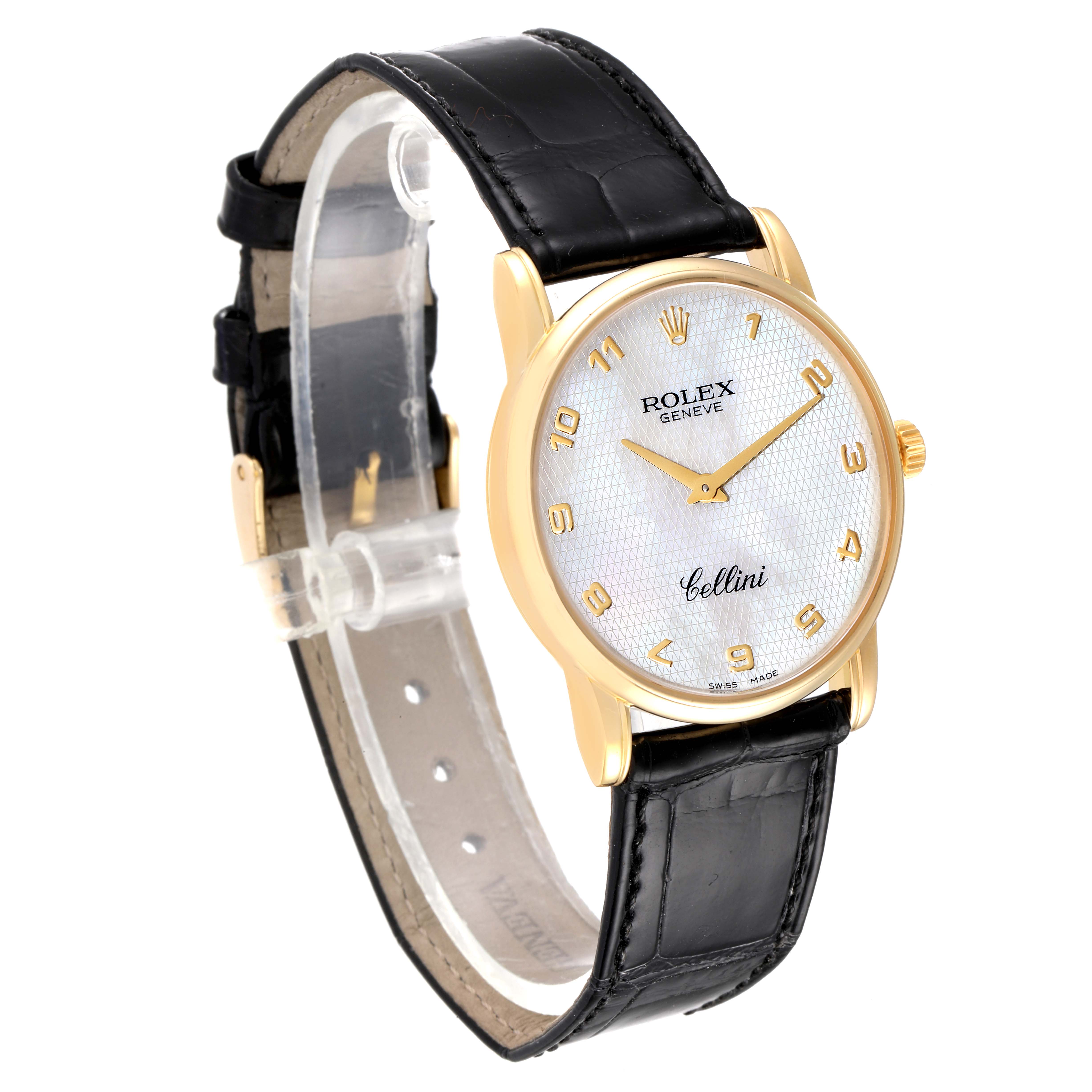 The Rolex Cellini 5116 Men's Yellow Gold Mother of Pearl Dial 5116 Men's Yellow Gold Mother of Pearl Dial watch is shown angled slightly to the left, displaying its face, gold case, and black leather strap.
