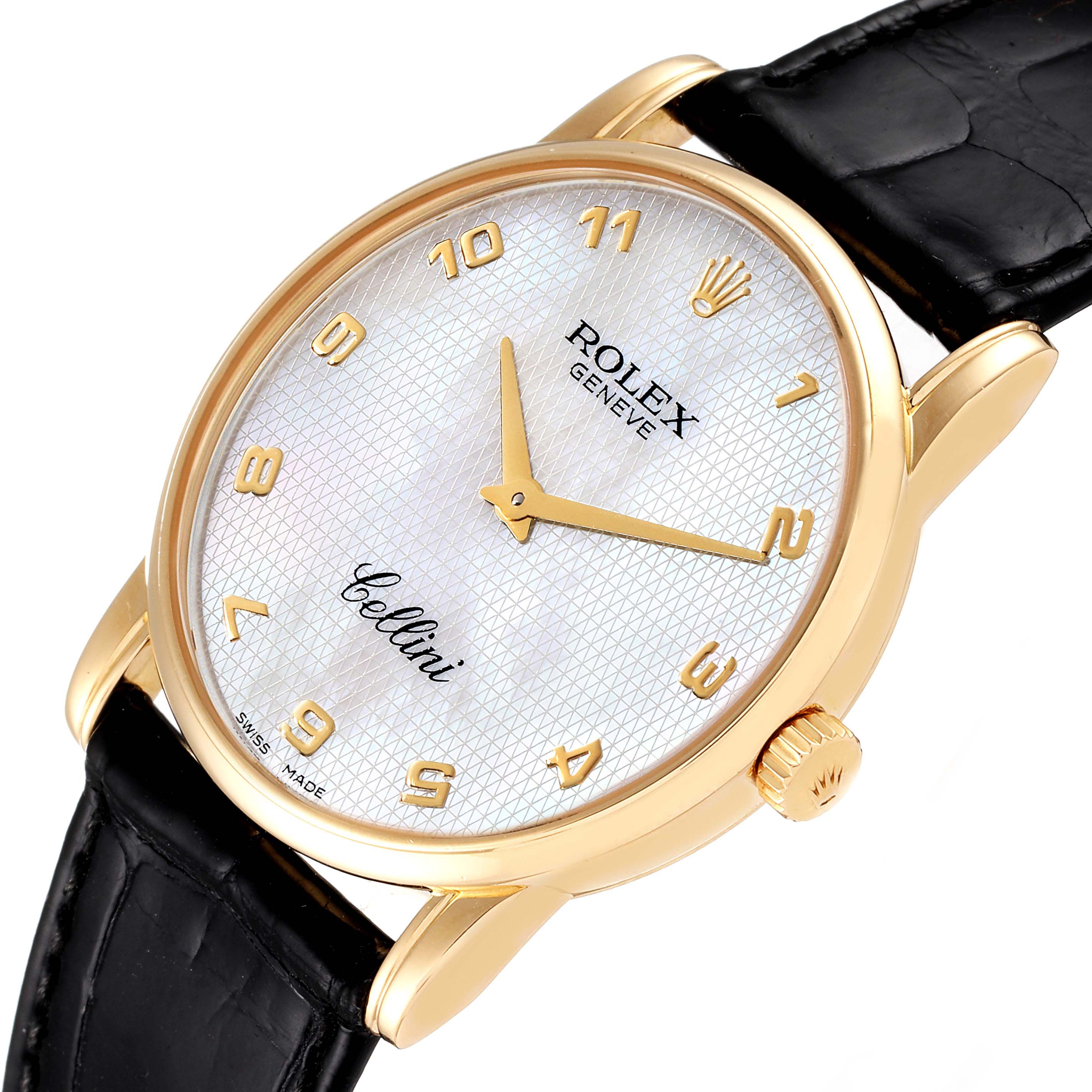 The image shows a close-up of the Rolex Cellini 5116 Men's Yellow Gold Mother of Pearl Dial 5116 Men's Yellow Gold Mother of Pearl Dial watch, highlighting its dial, case, crown, and leather strap from an angled perspective.