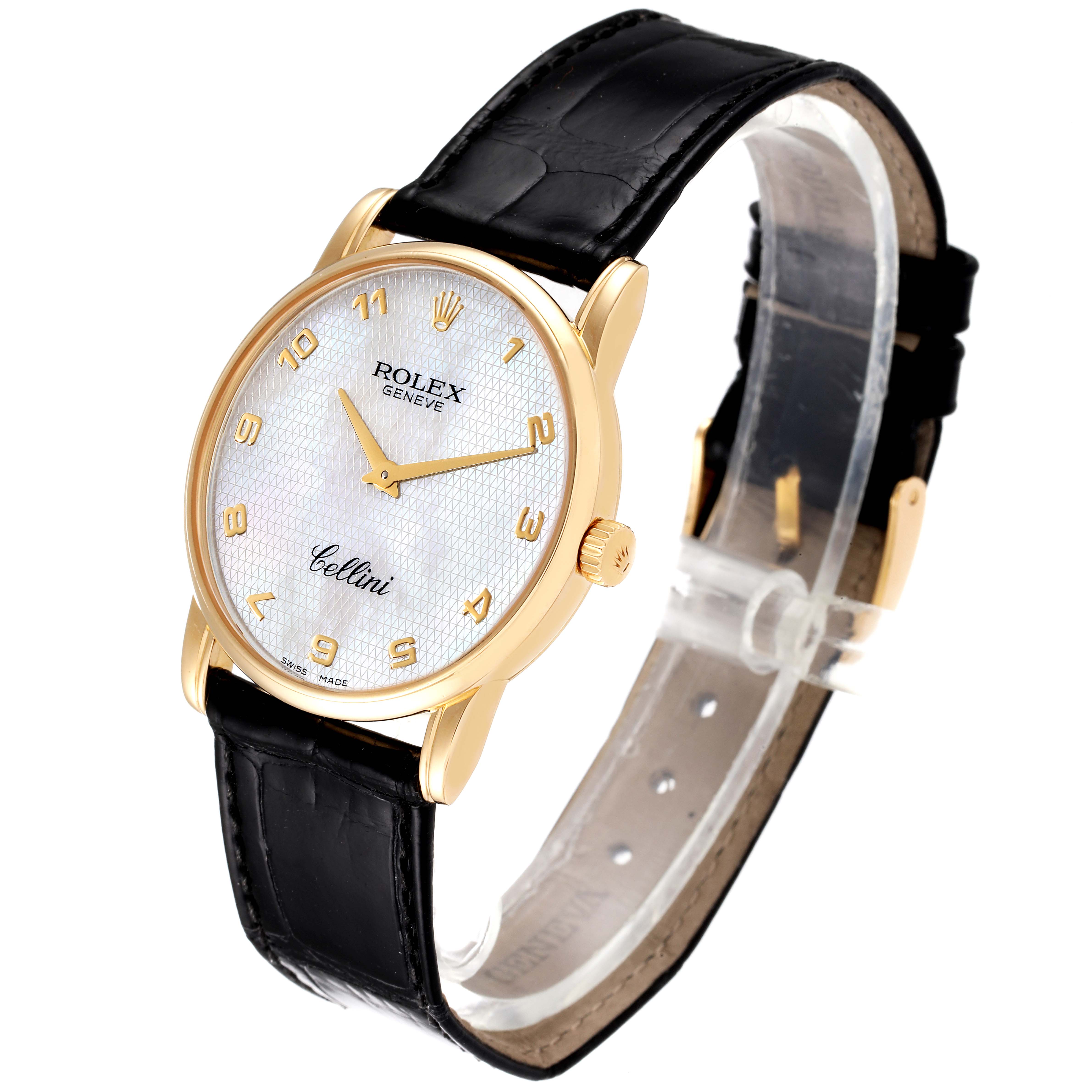 The Rolex Cellini 5116 Men's Yellow Gold Mother of Pearl Dial 5116 Men's Yellow Gold Mother of Pearl Dial watch is shown at a three-quarter angle, featuring its face, bezel, crown, and black leather strap.