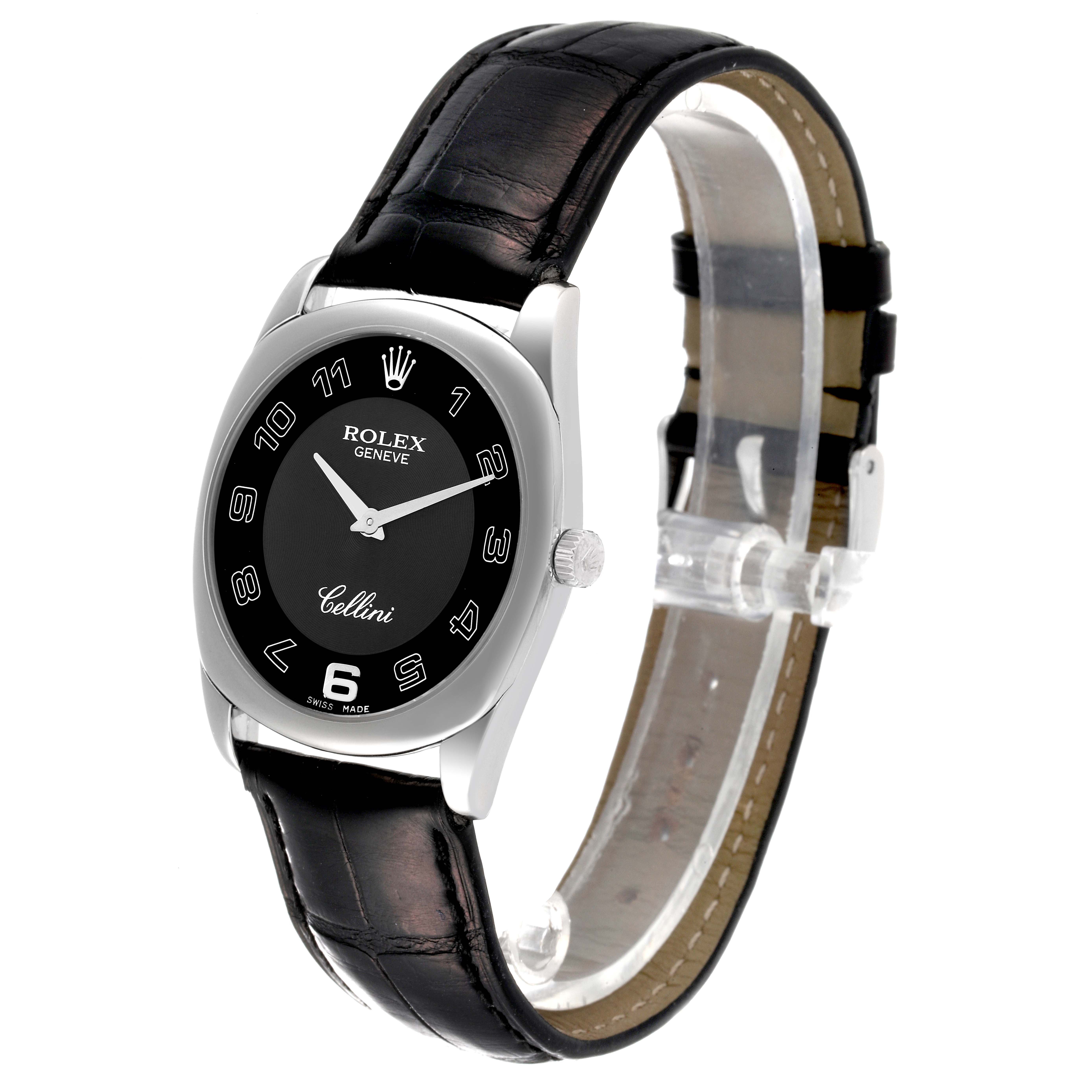 The Rolex Cellini 4233 Men
s White Gold Black Dial 4233 Men
s White Gold Black Dial watch is shown at a slight angle, highlighting its black dial, silver case, crown, and black leather strap.