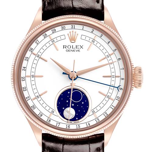 The Rolex Cellini watch is shown from a front angle, highlighting the dial, hands, and moon phase indicator.