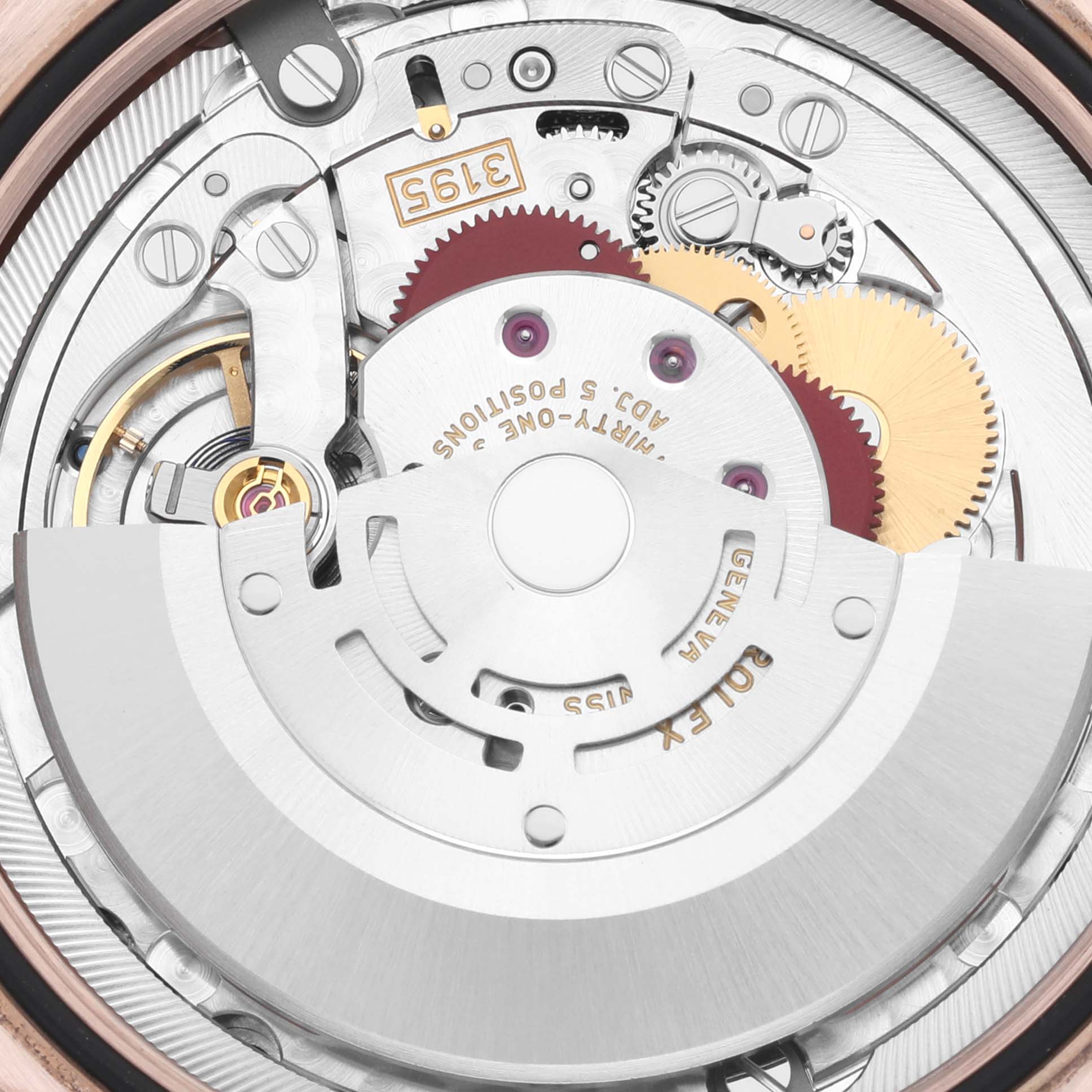 The image shows the intricate inner movement of the Rolex Cellini 50535 Men's Rose Gold White Dial 50535 Men's Rose Gold White Dial watch from a top-down angle.